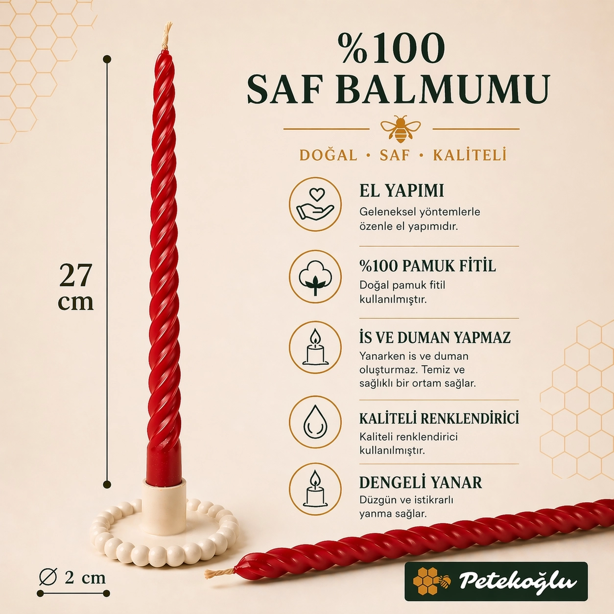 Kırmızı 2 Adet Konik Burgulu Balmumu Mum Şamdan Mumu Doğal Petek Mum (Beeswax Candle) 27.5 cm