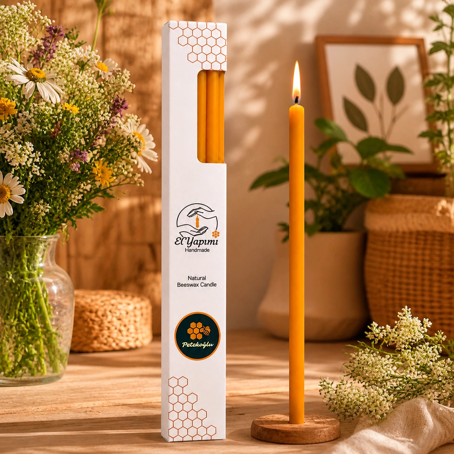 Balmumu Mum (Beeswax Candle) 15’li Doğal Sarı El Yapımı Parafinsiz Dilek ve Pasta Mumu Seti