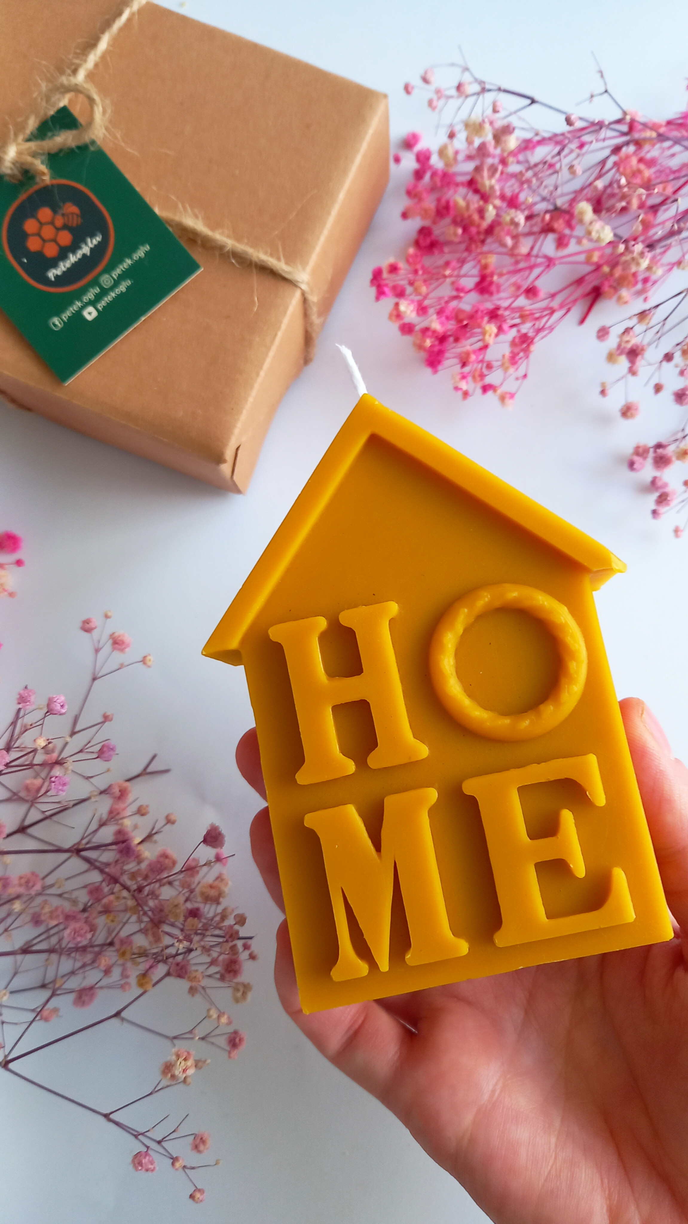 Balmumu Mum Doğal Petek Ev Dekorasyon,  Home Yazılı Hediyelik Mum Seti Besswax Candle