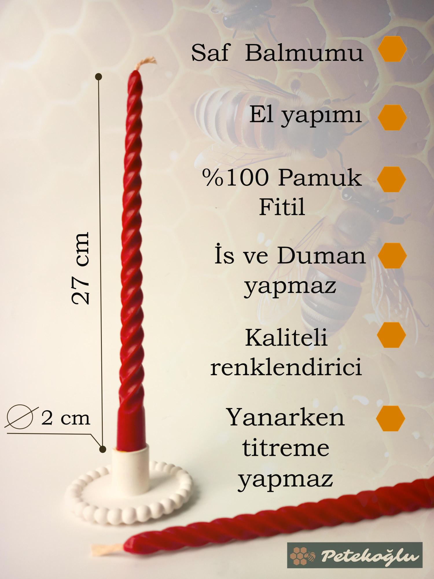 (4 Adet 27.5Cm Kırmızı) Konik Burgulu Balmumu Şamdan Mumu Doğal Petek Balmumu Mum Dekoratif Beeswax
