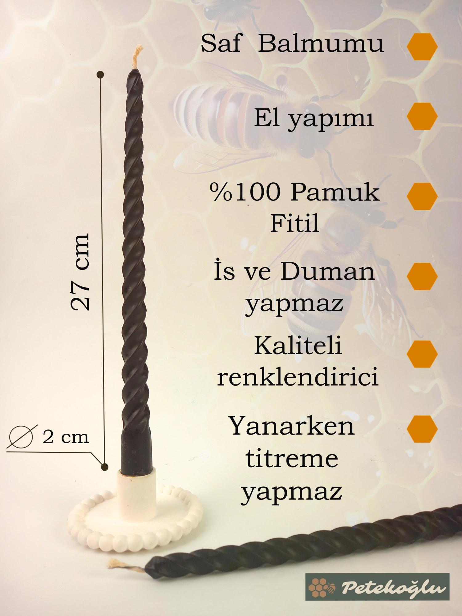 (4 Adet 27.5Cm Siyah) Konik Burgulu Balmumu Şamdan Mumu Doğal Petek Balmumu Mum Dekoratif