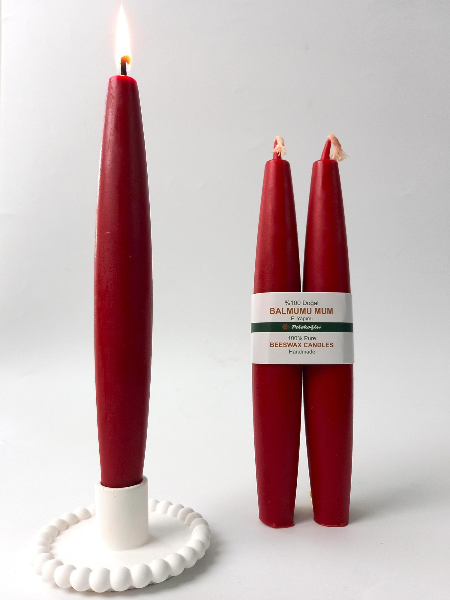 Balmumu Mum (2 Adet  Kırmızı)  Şamdan Mumu Mermi Formunda Masa Mumu 22 Cm Bees wax 