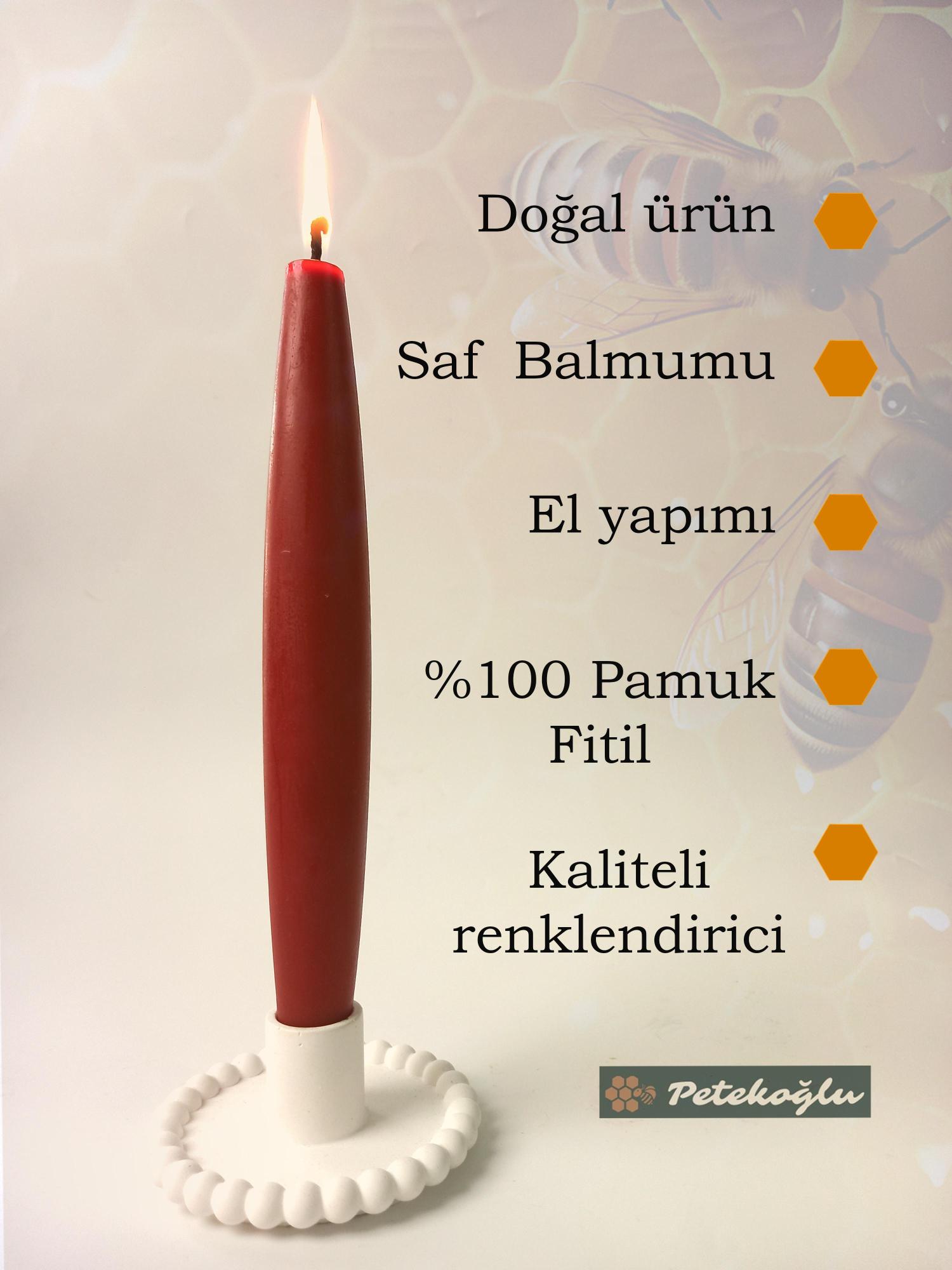 Balmumu Mum (2 Adet  Kırmızı)  Şamdan Mumu Mermi Formunda Masa Mumu 22 Cm Bees wax 