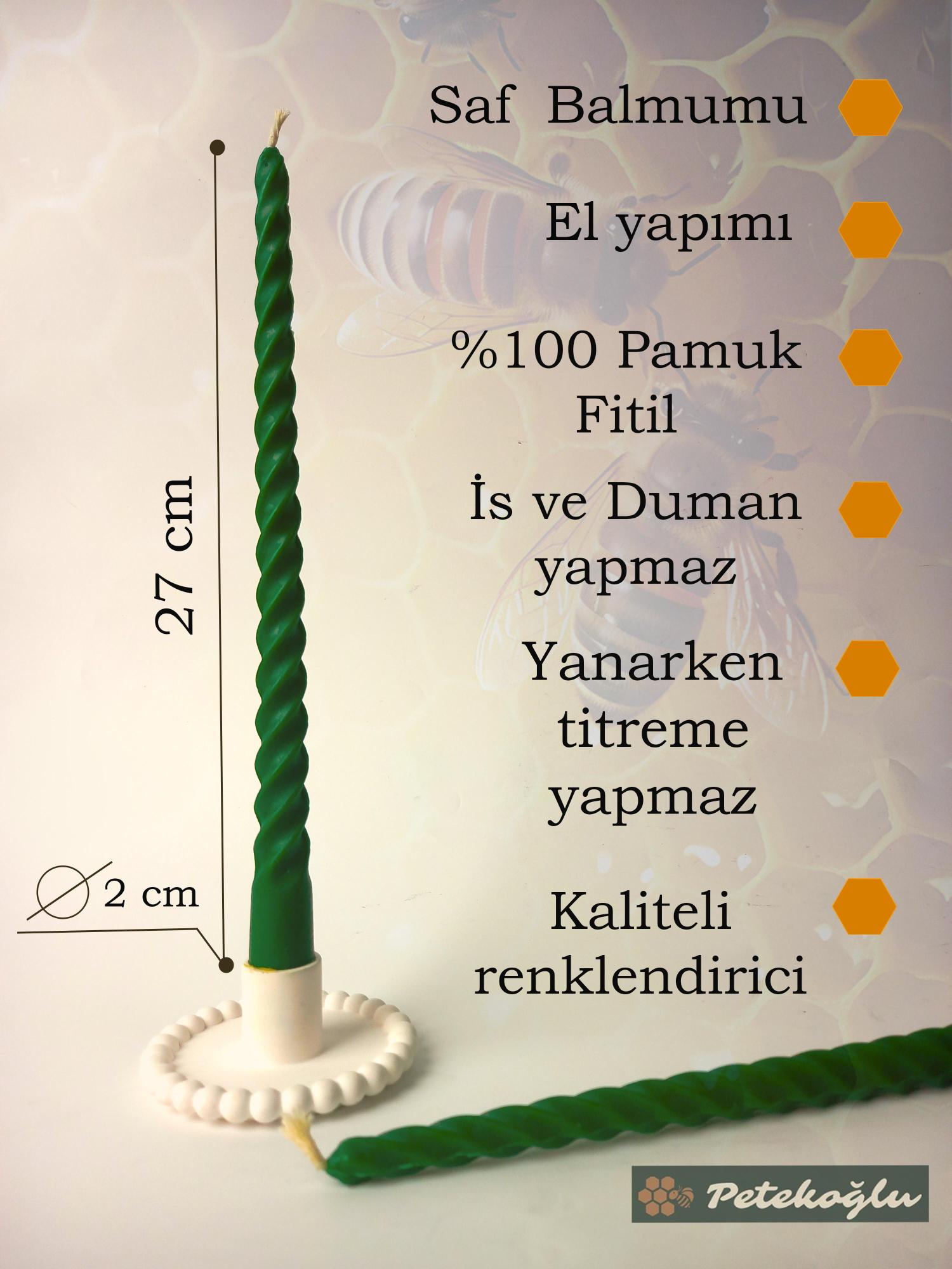(4 Adet 27.5Cm Yeşil) Konik Burgulu Balmumu Şamdan Mumu Doğal Petek Balmumu Mum Dekoratif