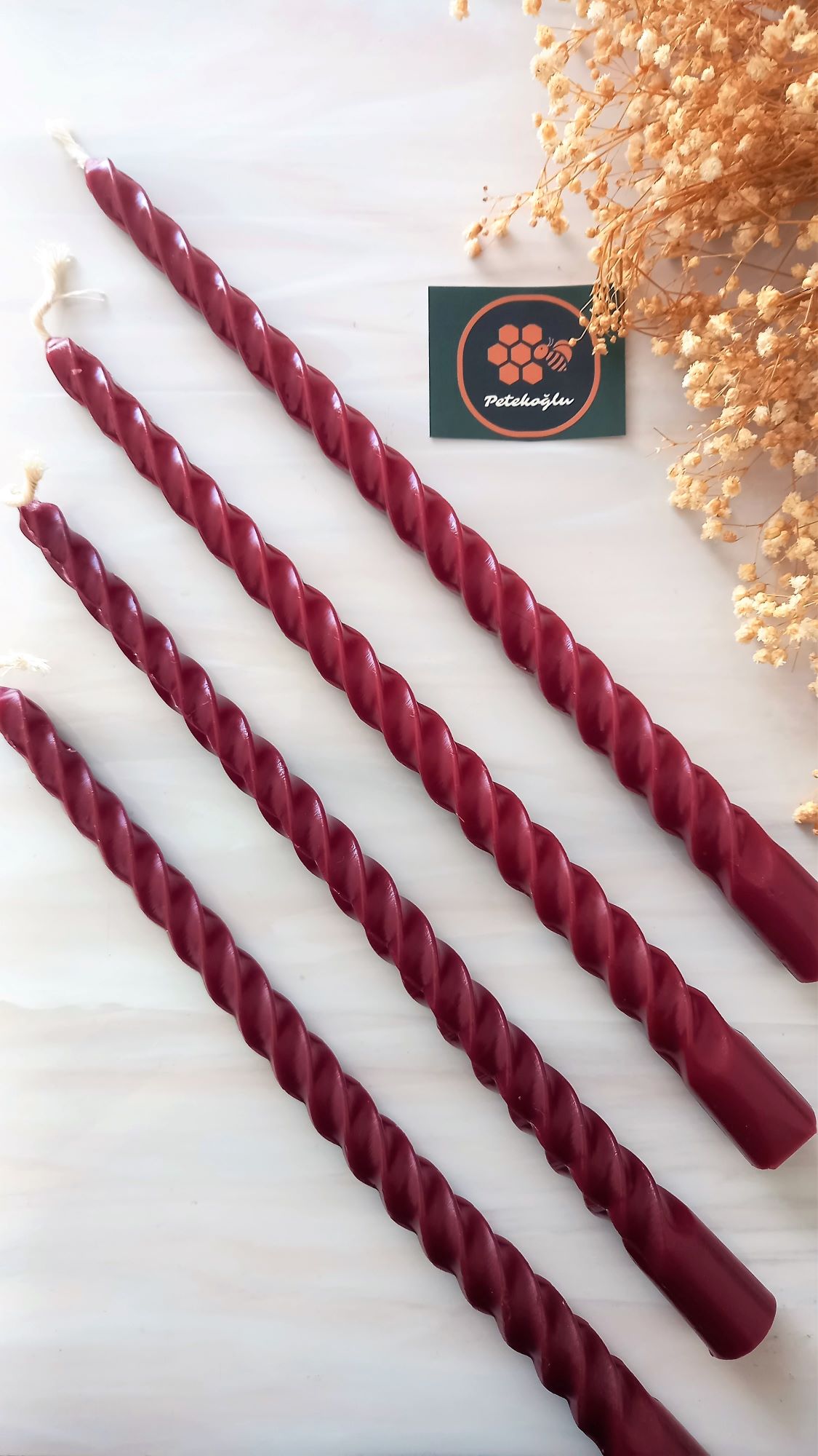 (4 Adet 27.5Cm Bordo) Konik Burgulu Balmumu Şamdan Mumu Doğal Petek Balmumu Mum Dekoratif
