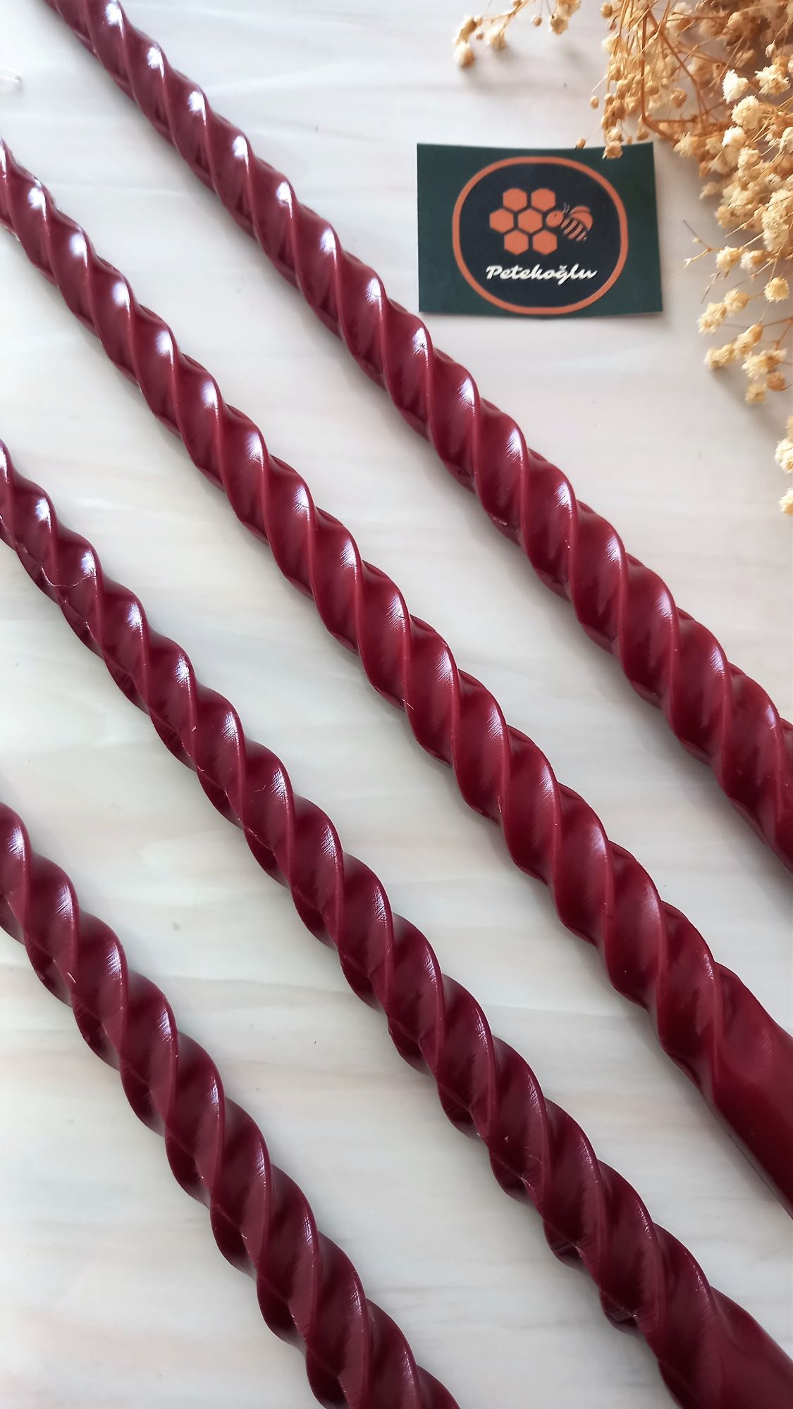 (4 Adet 27.5Cm Bordo) Konik Burgulu Balmumu Şamdan Mumu Doğal Petek Balmumu Mum Dekoratif