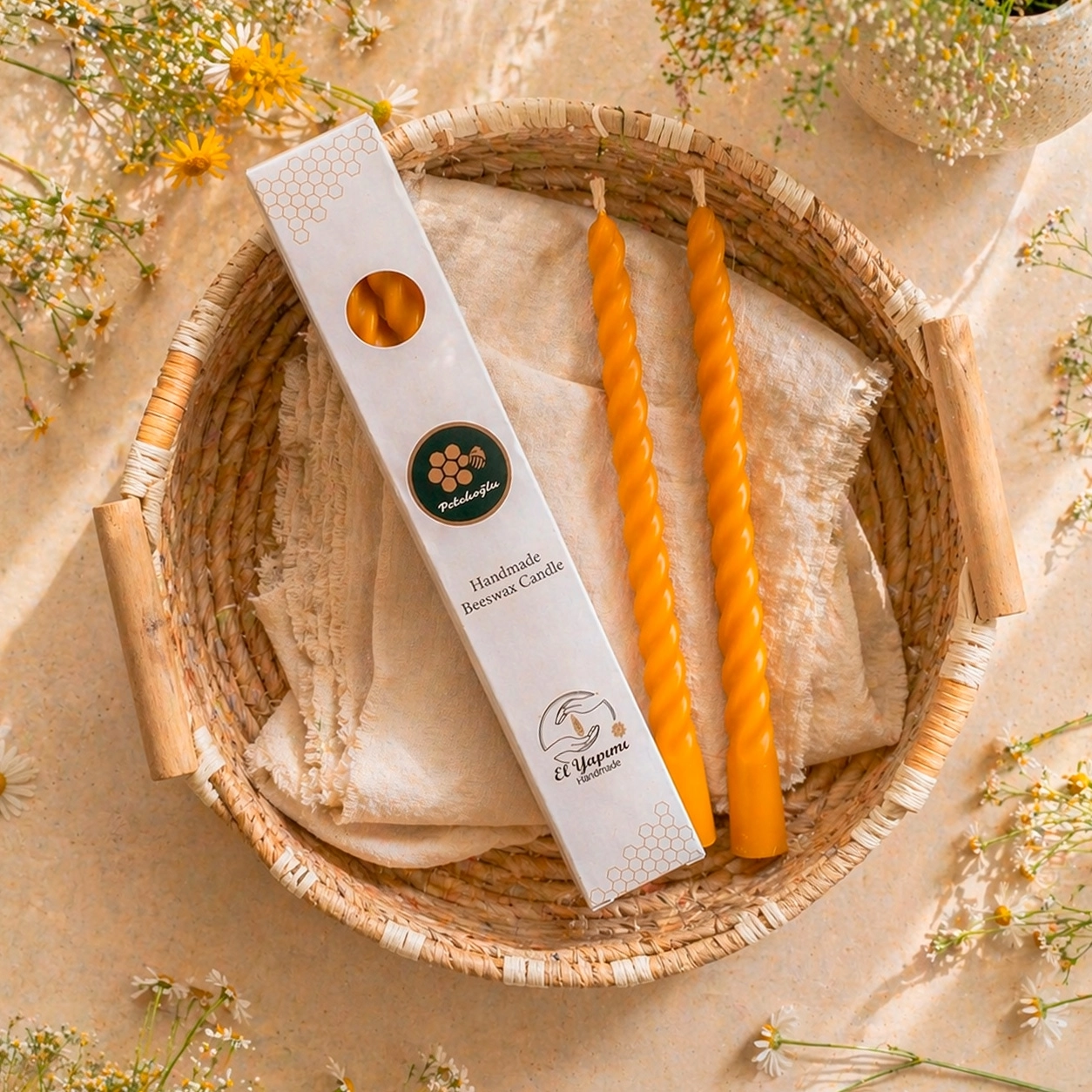 (2 Adet 27.5Cm) Konik Burgulu Balmumu Şamdan Mumu Doğal Petek Balmumu Mum Dekoratif Beeswax Candle