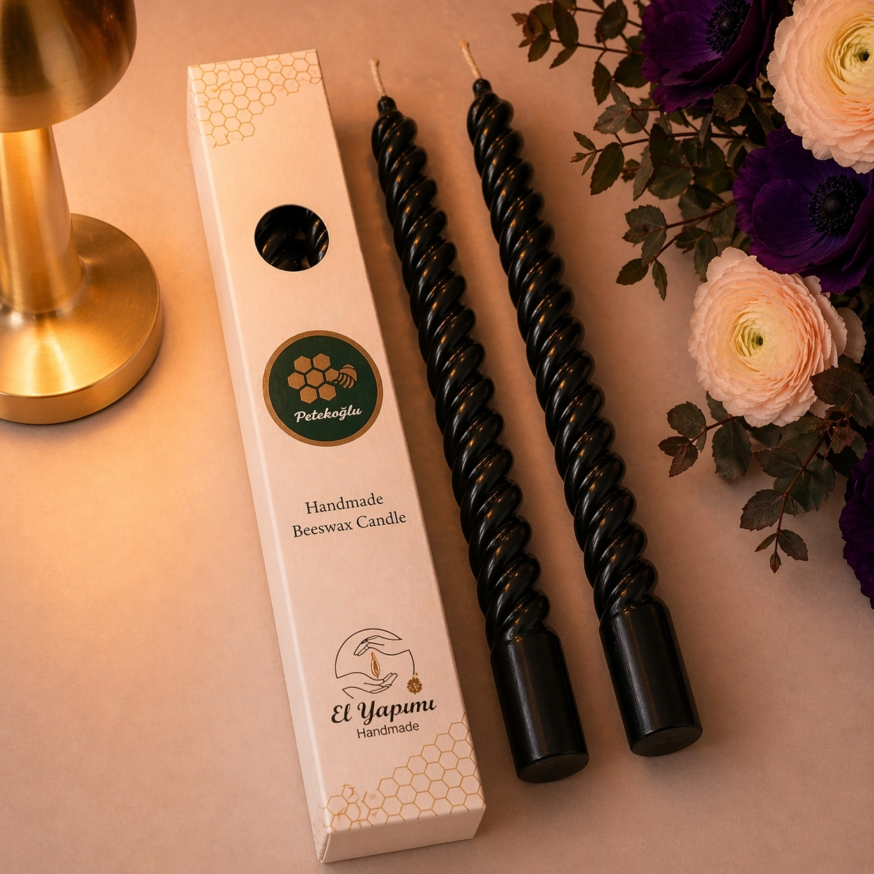 (2 Adet Siyah 27.5Cm) Konik Burgulu Balmumu Şamdan Mumu Doğal Petek Balmumu Mum Dekoratif Beeswax