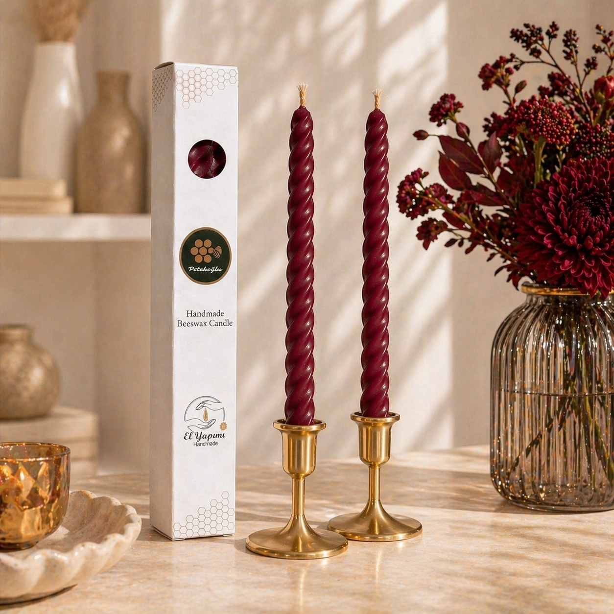 Bordo Balmumu Mum 2 Adet 27.5 cm  Konik Burgulu Şamdan Mumu Doğal Petek
