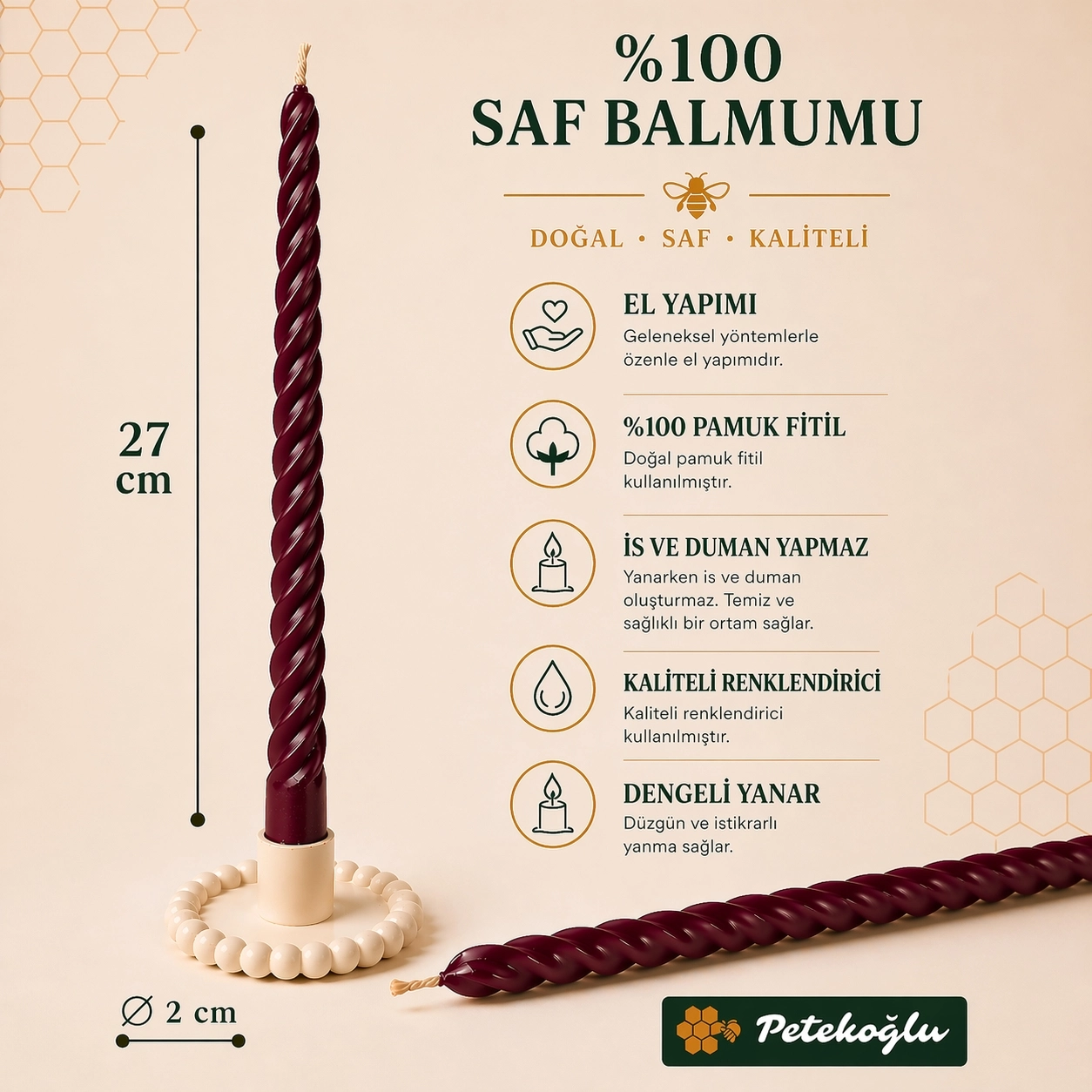 Bordo Balmumu Mum 2 Adet 27.5 cm  Konik Burgulu Şamdan Mumu Doğal Petek