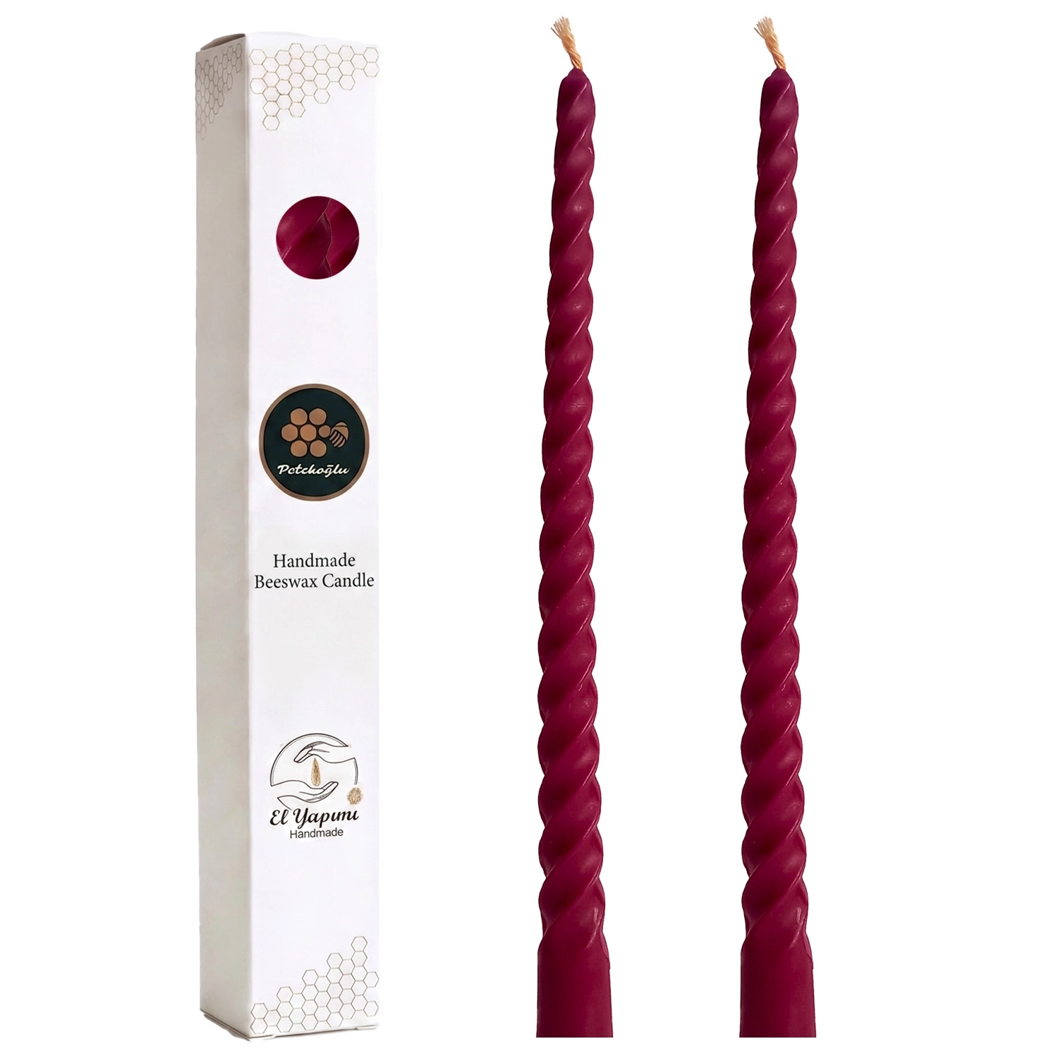 Bordo Balmumu Mum 2 Adet 27.5 cm  Konik Burgulu Şamdan Mumu Doğal Petek