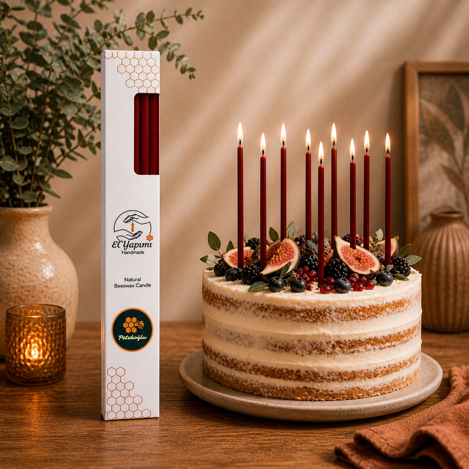 Balmumu Mum (Beeswax Candle) 15’li Bordo El Yapımı Dilek Ritüel ve Pasta Mum Seti