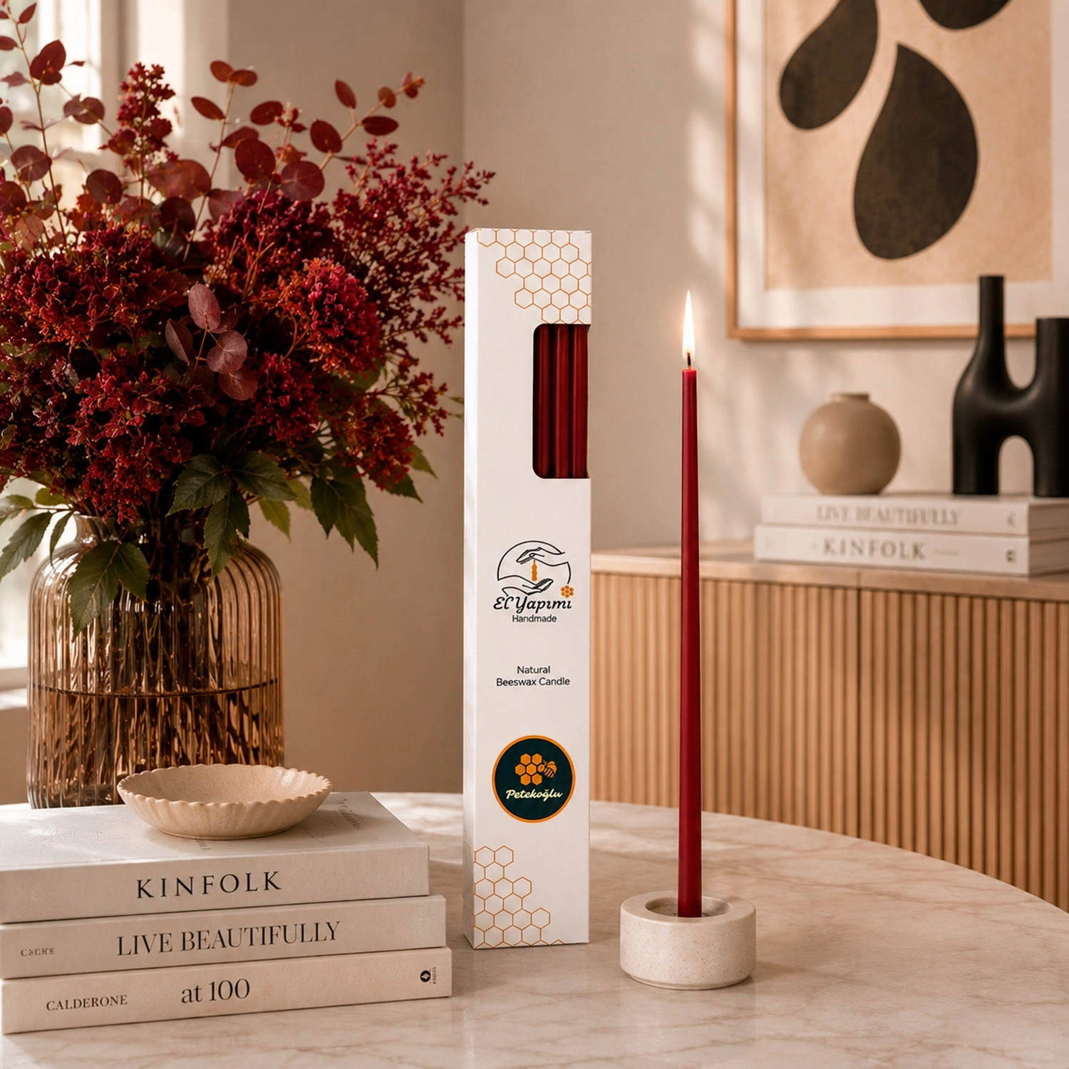 Balmumu Mum (Beeswax Candle) 15’li Bordo El Yapımı Dilek Ritüel ve Pasta Mum Seti