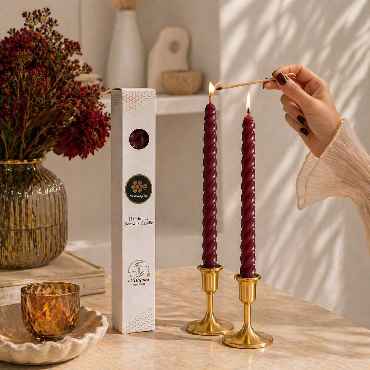 Bordo Balmumu Mum 2 Adet 27.5 cm  Konik Burgulu Şamdan Mumu Doğal Petek