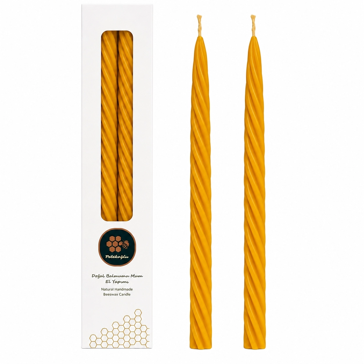 Petekoğlu Balmumu Mum (Beeswax Candle) 2 Adet Doğal Sarı Kalın Burgulu Şamdan Mumu 27.5 cm Dekoratif Mum