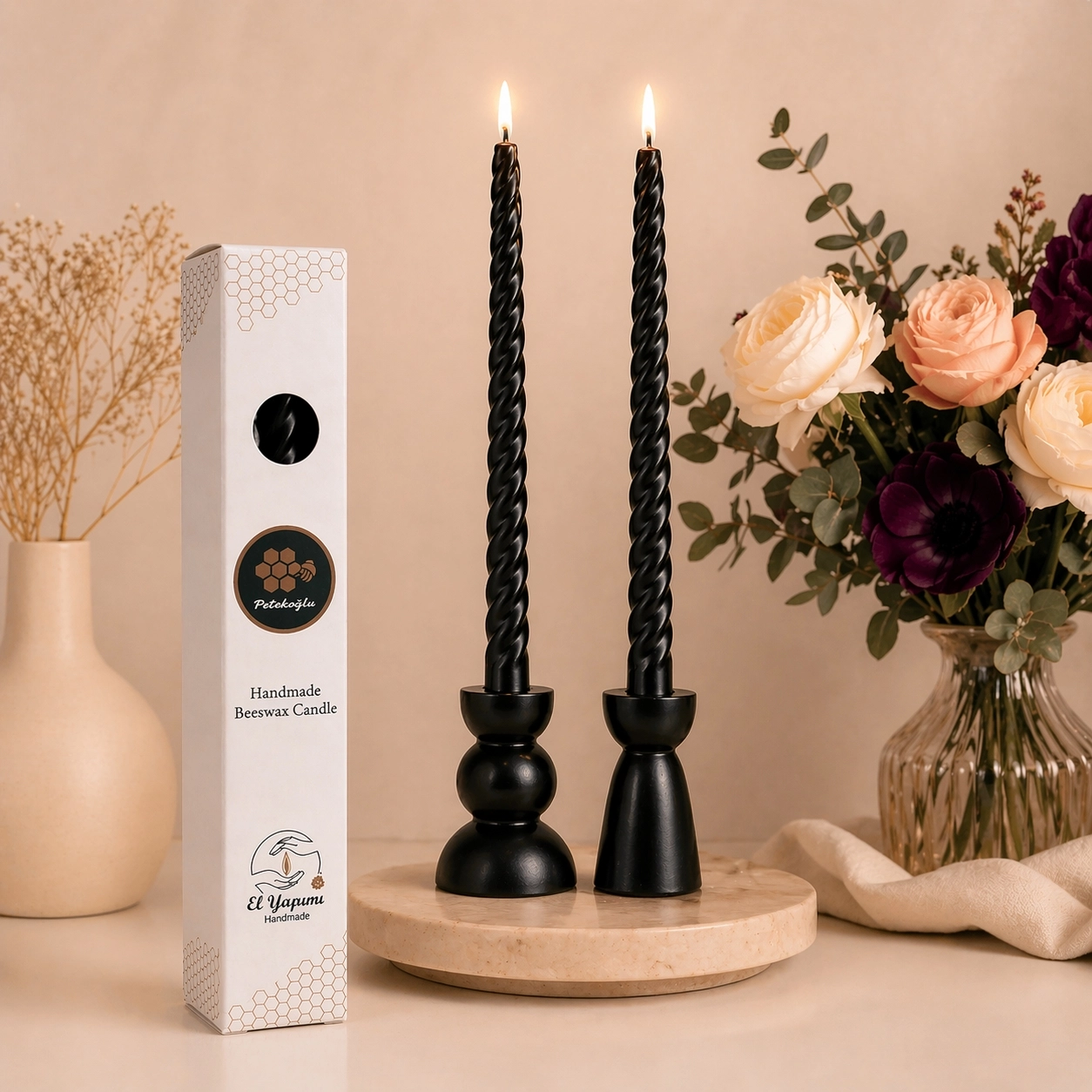 (2 Adet Siyah 27.5Cm) Konik Burgulu Balmumu Şamdan Mumu Doğal Petek Balmumu Mum Dekoratif Beeswax