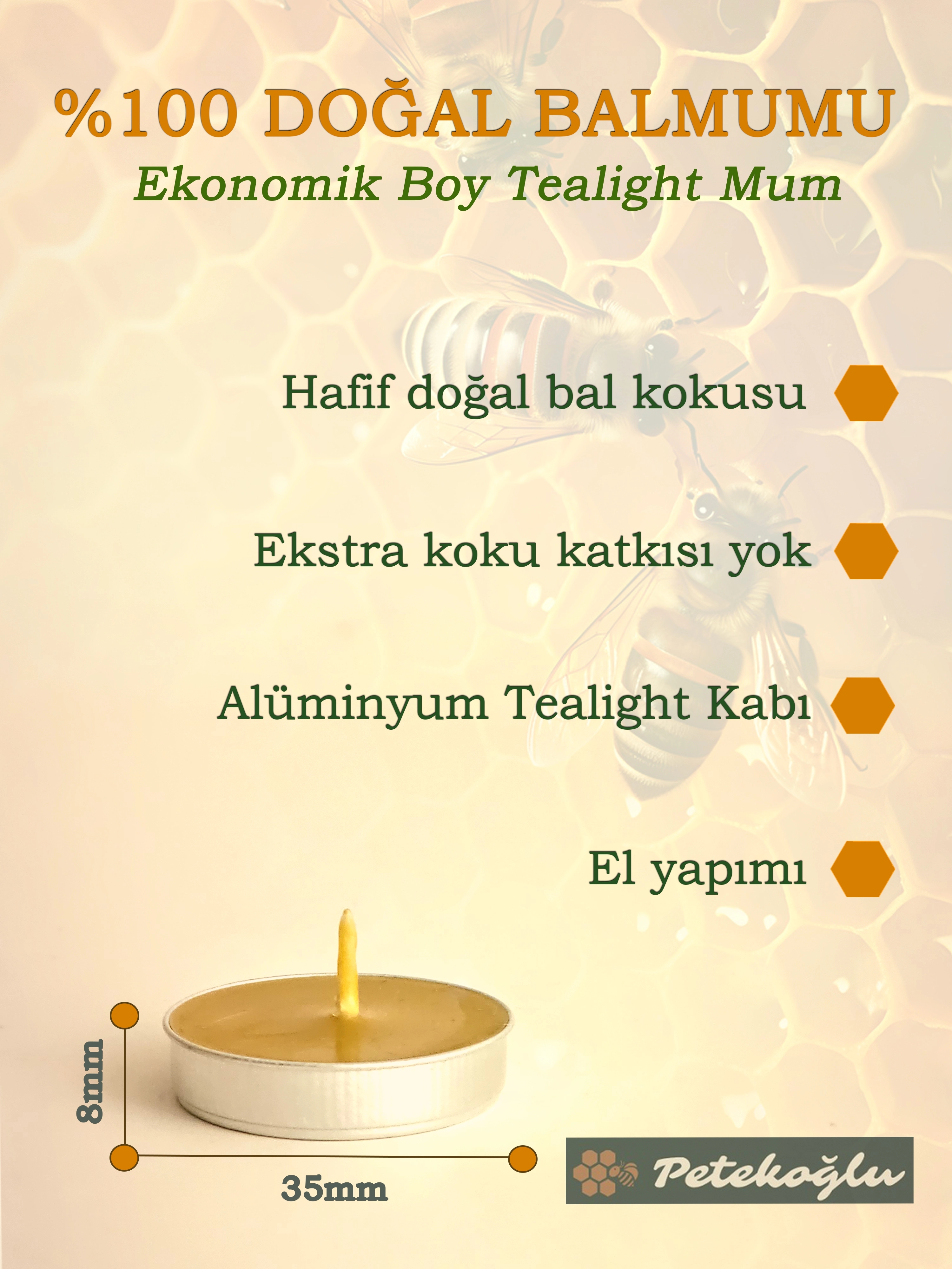 (12 Adet )  Ekonomik Boy Tealight Doğal Petek Balmumu Mum Beeswax Candle Bal Mumu Mum  (8Gr)