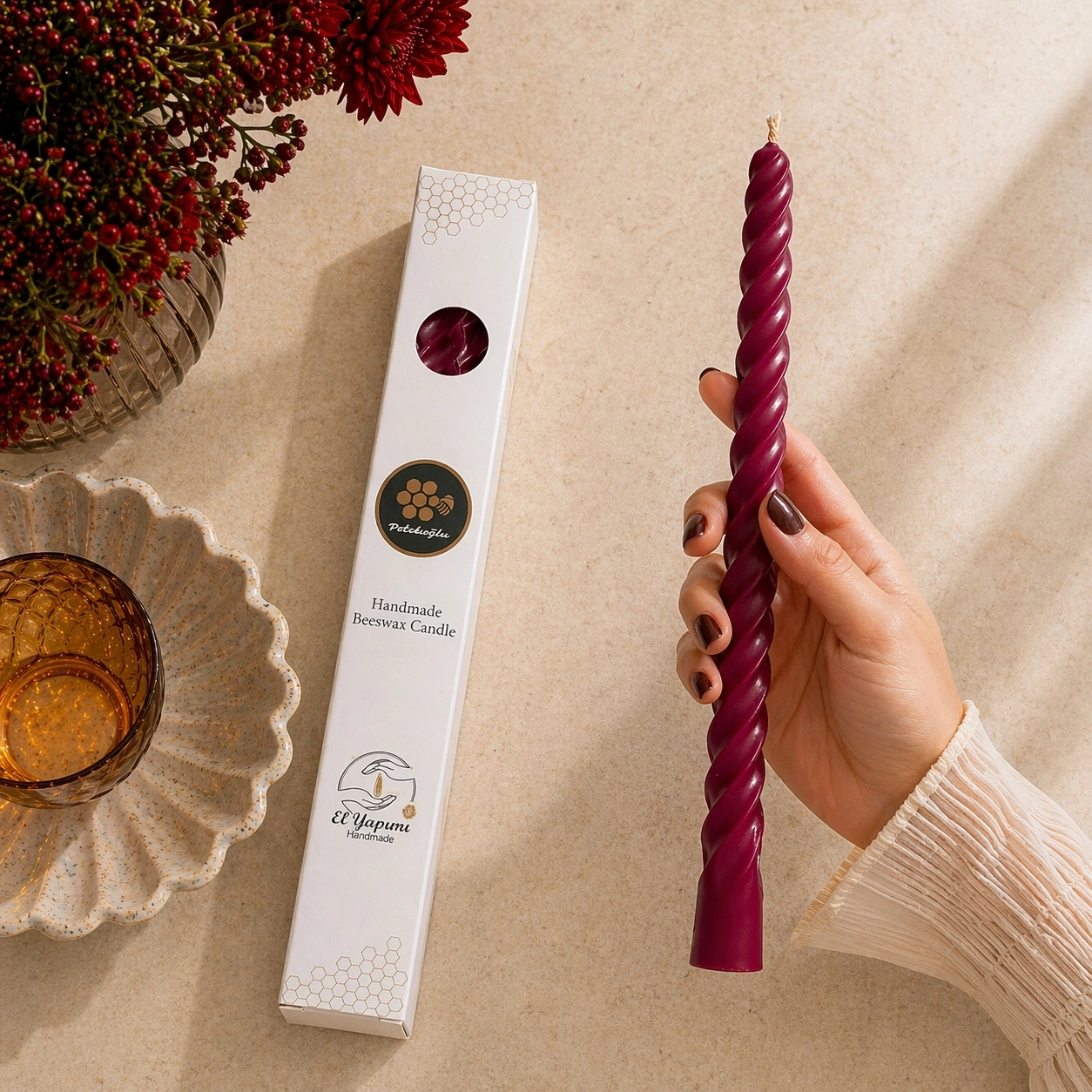 Bordo Balmumu Mum 2 Adet 27.5 cm  Konik Burgulu Şamdan Mumu Doğal Petek