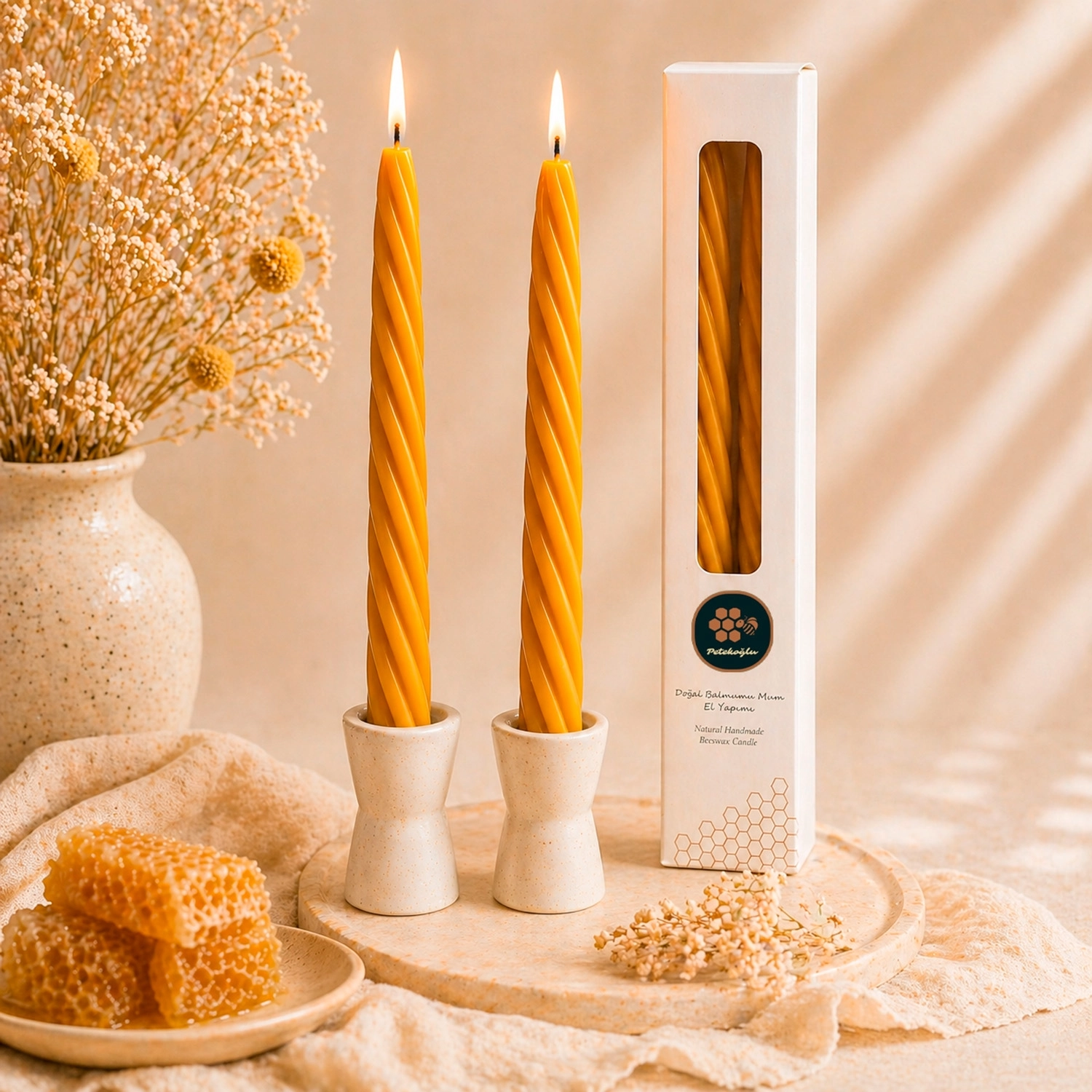 Petekoğlu Balmumu Mum (Beeswax Candle) 2 Adet Doğal Sarı Kalın Burgulu Şamdan Mumu 27.5 cm Dekoratif Mum