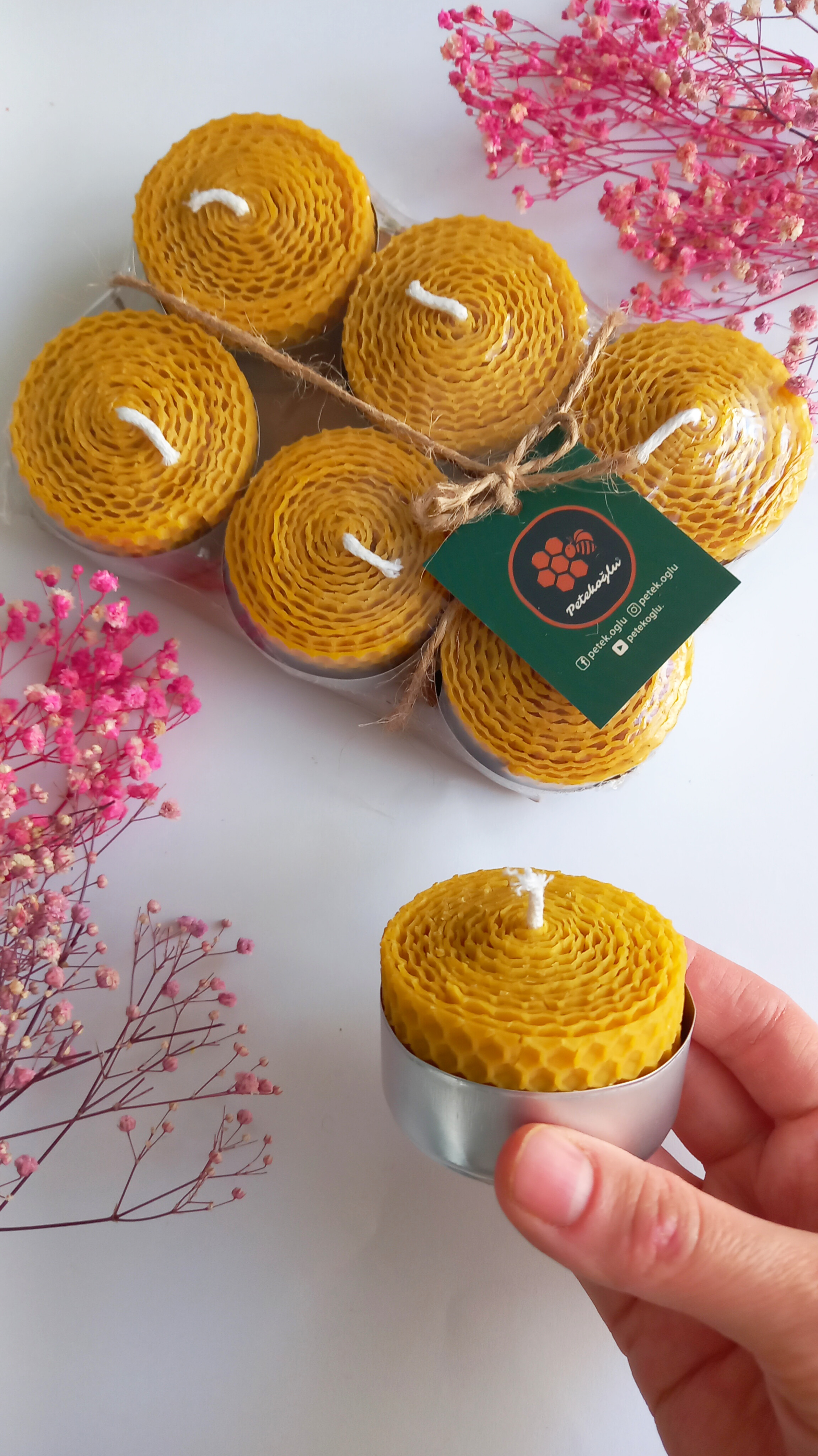 (6 Adet) Balmumu Mum Doğal Petek Maksi Boy Balmumu Sarma Tealight Bal Mumu Mum