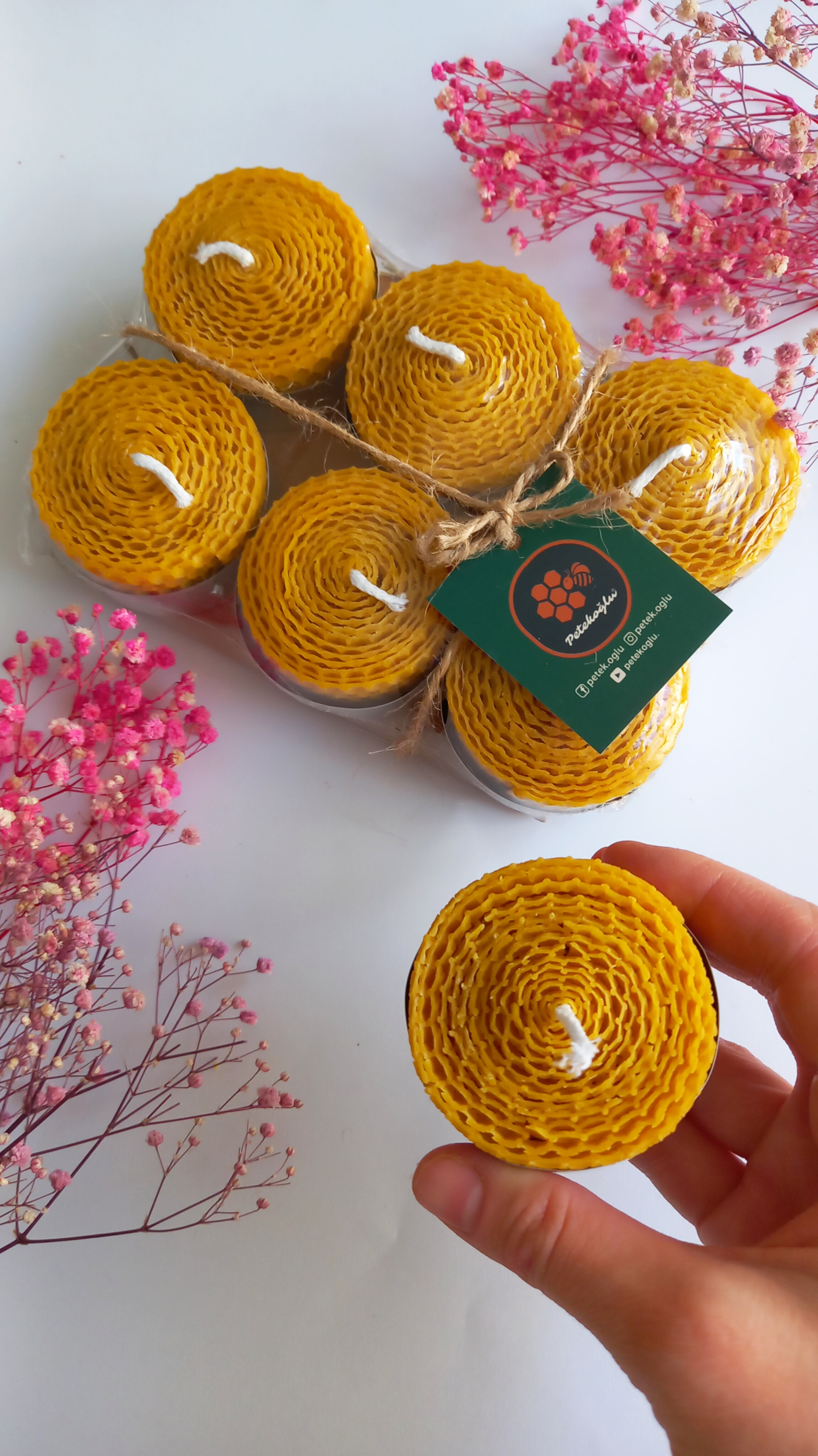 (6 Adet) Balmumu Mum Doğal Petek Maksi Boy Balmumu Sarma Tealight Bal Mumu Mum