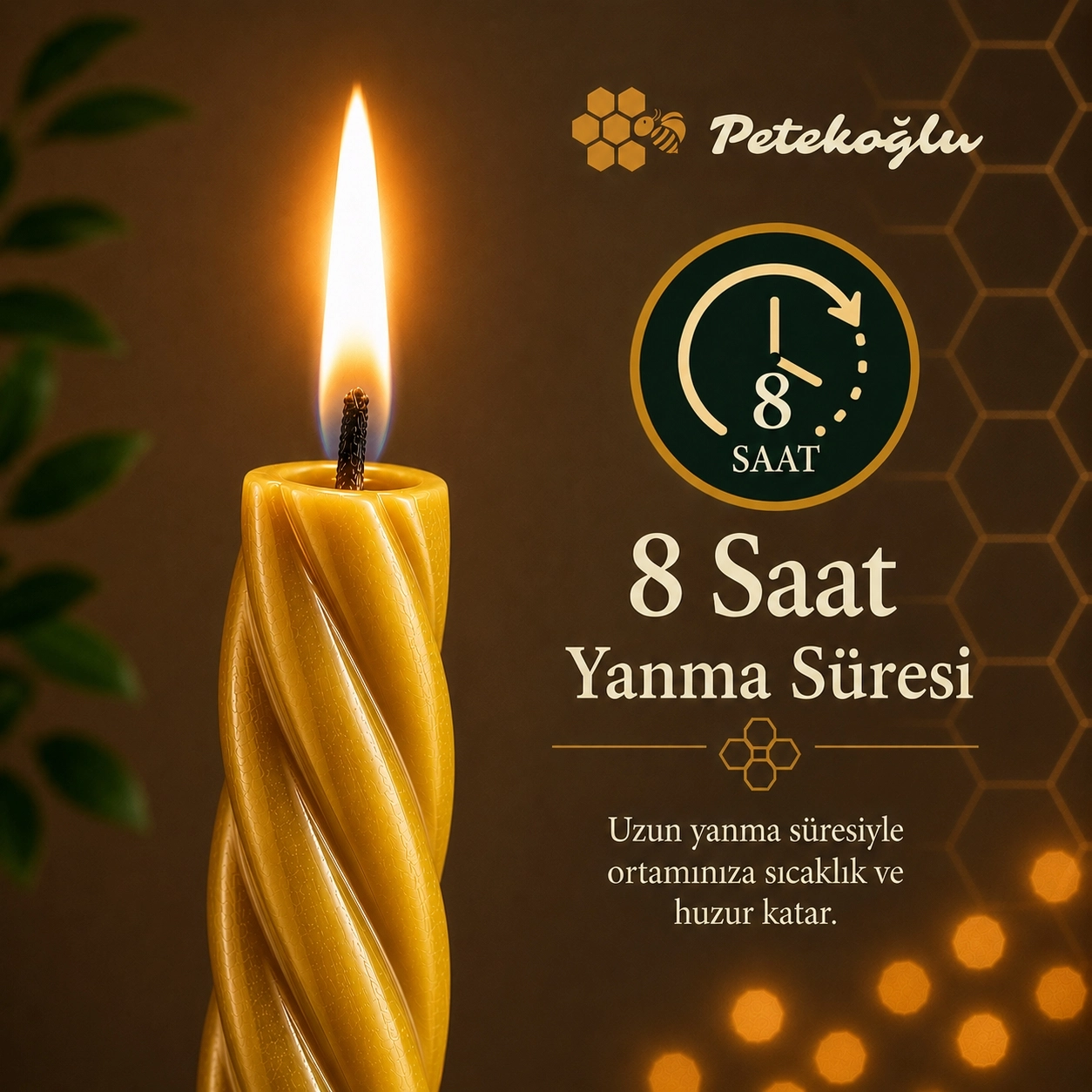 Petekoğlu Balmumu Mum (Beeswax Candle) 2 Adet Doğal Sarı Kalın Burgulu Şamdan Mumu 27.5 cm Dekoratif Mum