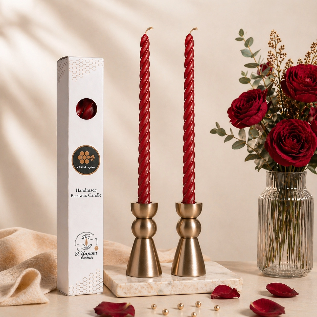 Kırmızı 2 Adet Konik Burgulu Balmumu Mum Şamdan Mumu Doğal Petek Mum (Beeswax Candle) 27.5 cm