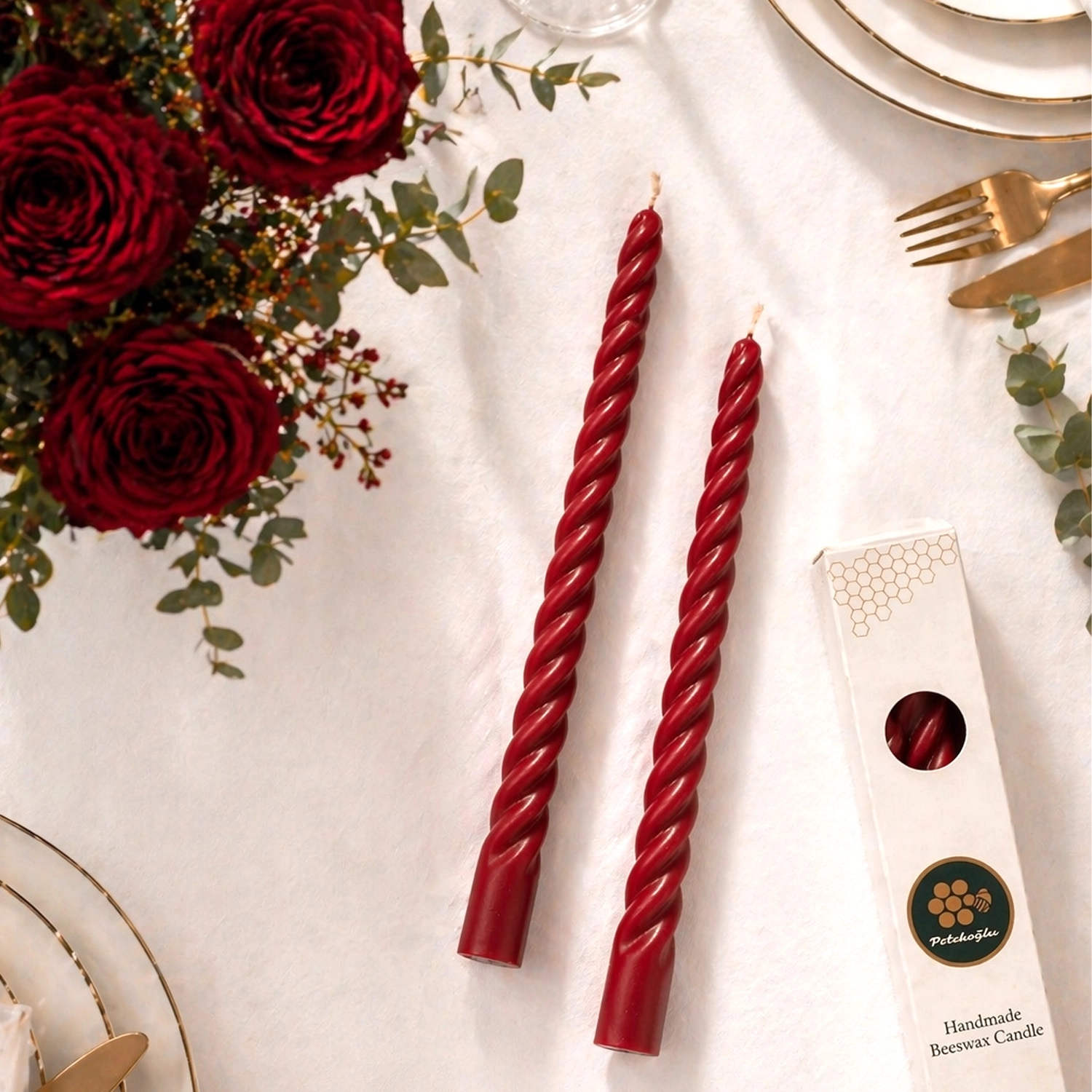 Kırmızı 2 Adet Konik Burgulu Balmumu Mum Şamdan Mumu Doğal Petek Mum (Beeswax Candle) 27.5 cm
