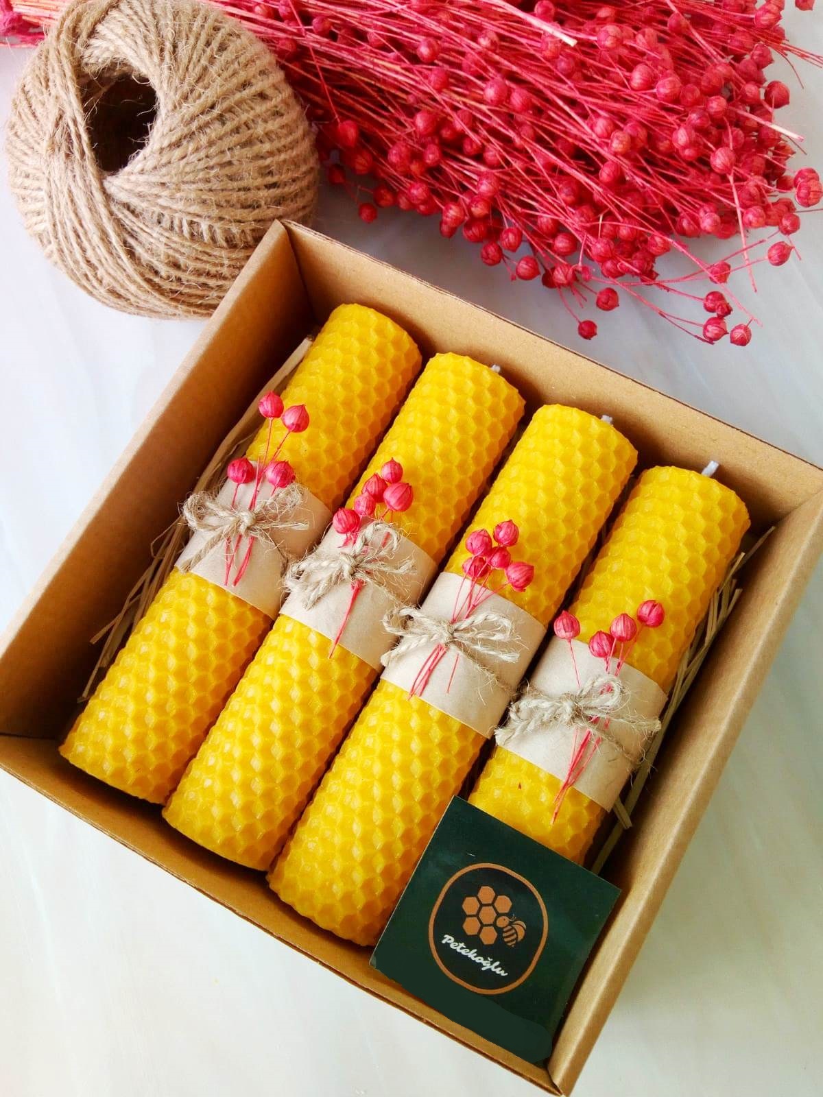 (4 Adet) Bal Mumu 14Cm X 3Cm  Doğal Petek  Dekoratif   Balmumu mum Hediyelik Beeswax Candle