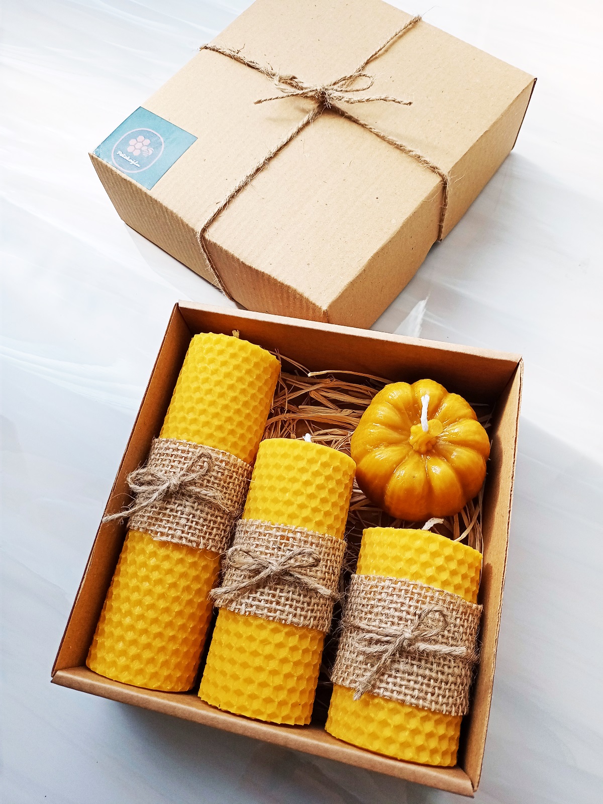 Petekoğlu Dekoratif  Doğal Petek Balmumu Mum Bal Kabağı Seti Bal Mumu Hediyelik Mum Beeswax Candle