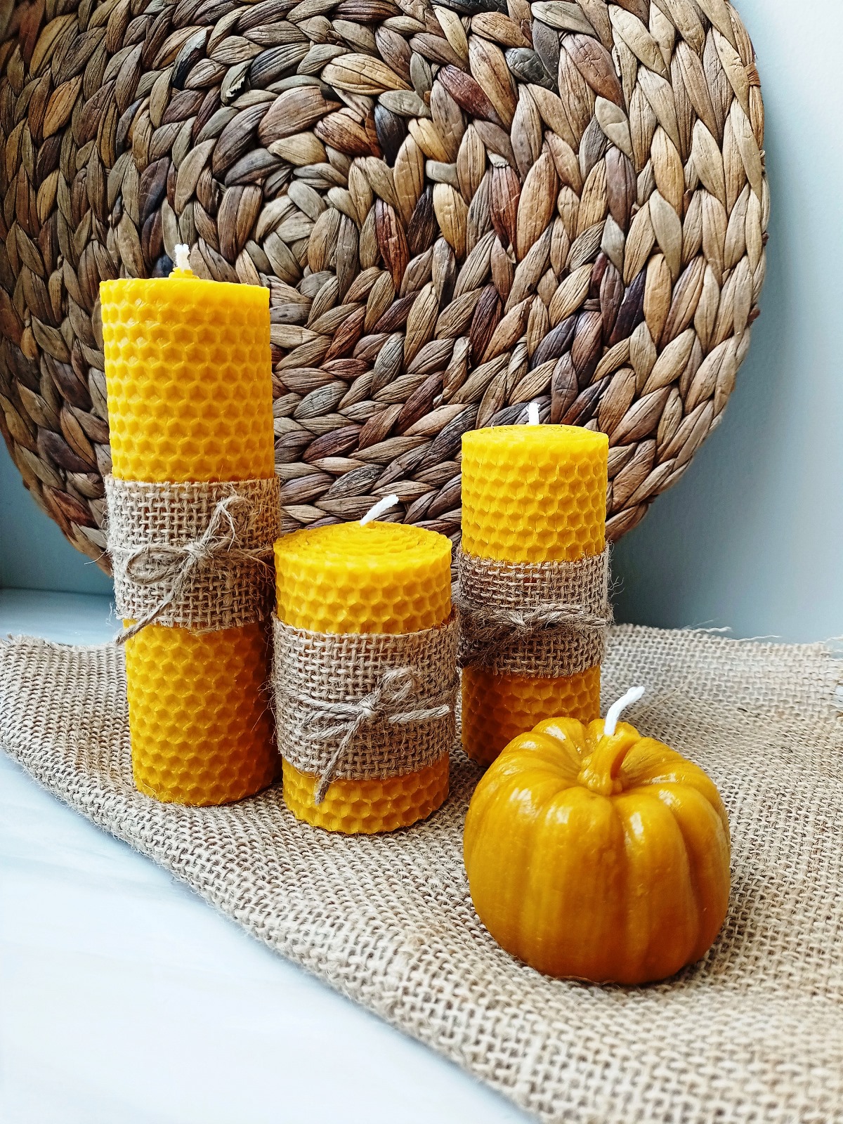 Petekoğlu Dekoratif  Doğal Petek Balmumu Mum Bal Kabağı Seti Bal Mumu Hediyelik Mum Beeswax Candle