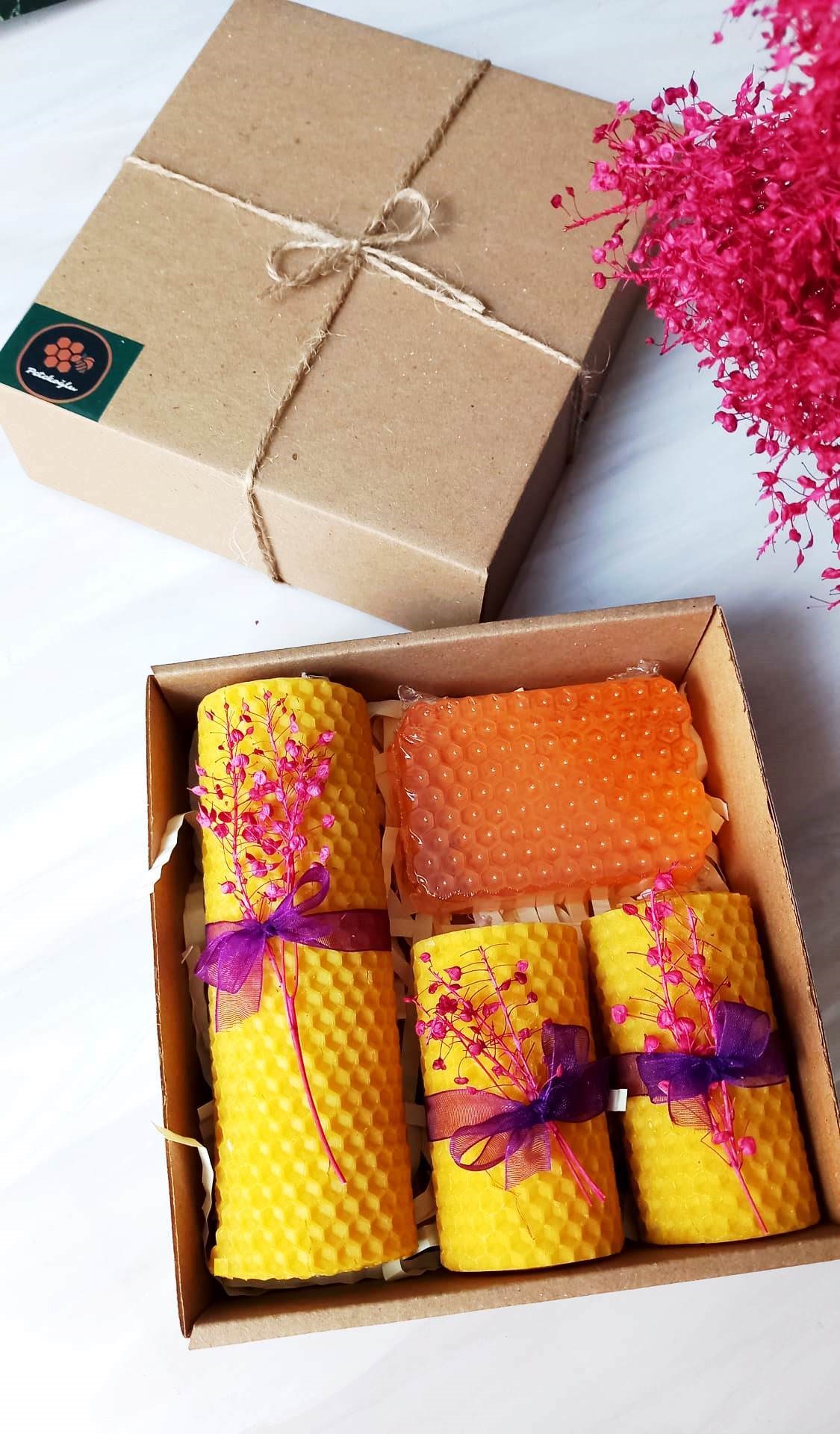 Petekoğlu Doğal Petek Balmumu Mum Ve Ballı Sabun Seti Kraft Kutuda Bal Mumu Sarma Mum Beeswax Candle