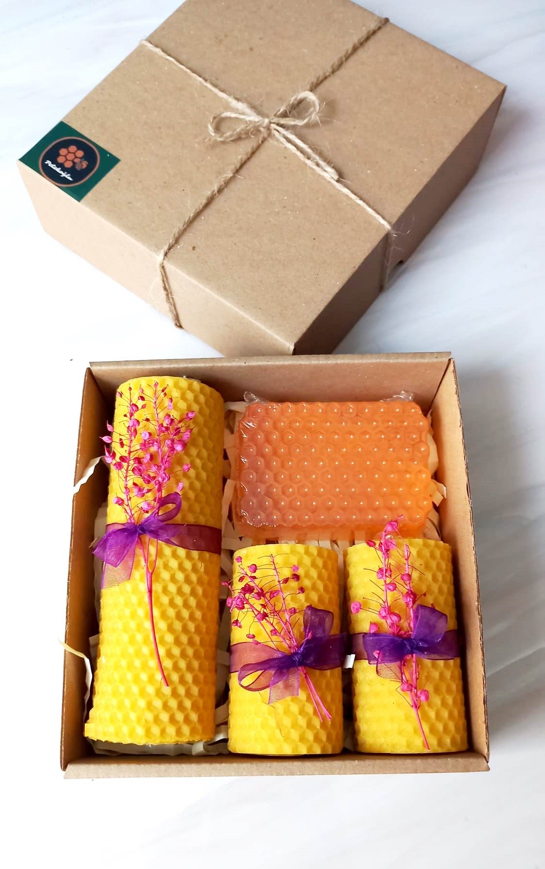 Petekoğlu Doğal Petek Balmumu Mum Ve Ballı Sabun Seti Kraft Kutuda Bal Mumu Sarma Mum Beeswax Candle