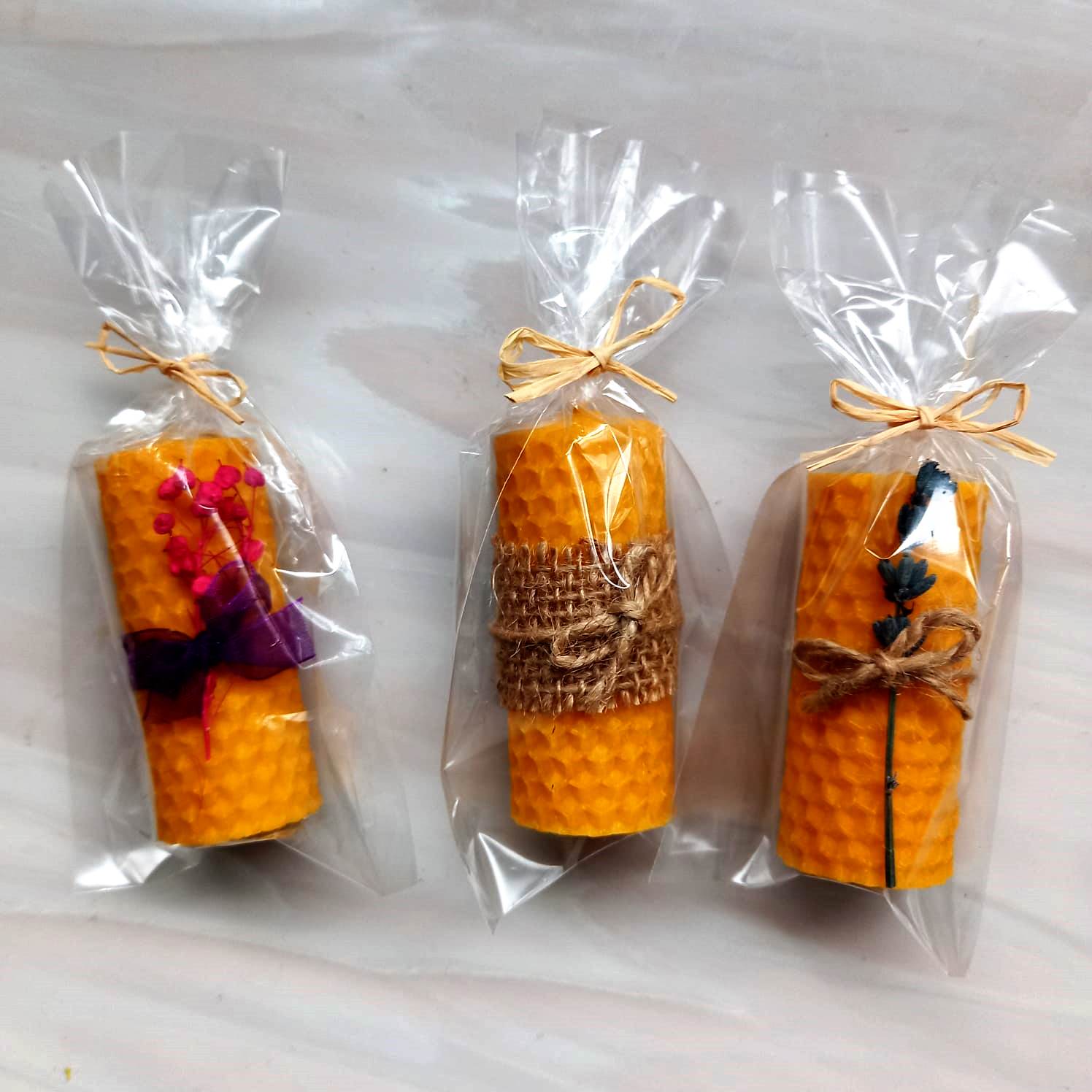 (6 Adet) Doğal Petek Balmumu Mum Dekorlu Süslü Paketli Bal Mumu