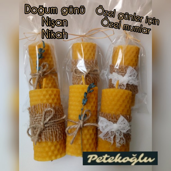 (6 Adet) Doğal Petek Balmumu Mum Dekorlu Süslü Paketli Bal Mumu