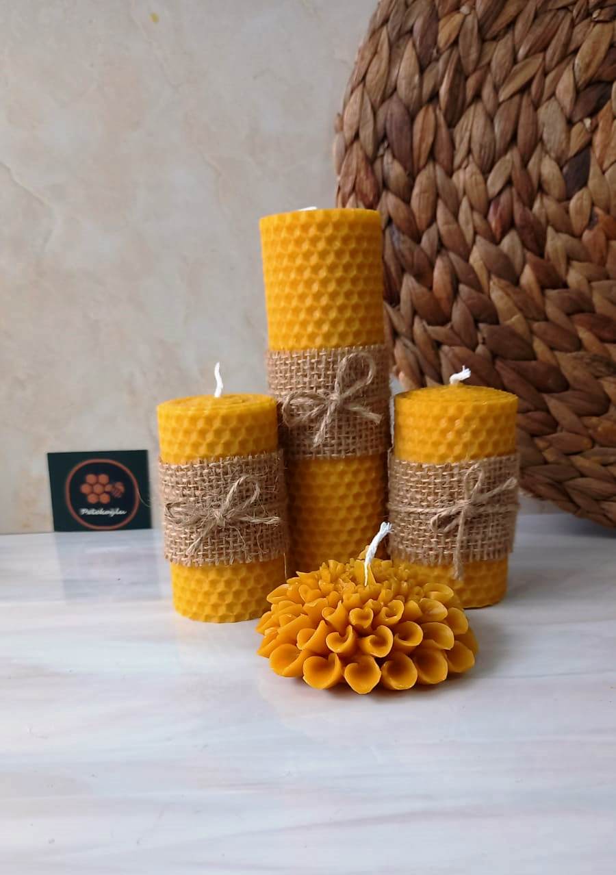 Bal Mumu Mum Dekoratif Doğal Petek Balmumu Mum Büyük Çiçekli Seti jüt Beeswax Candle