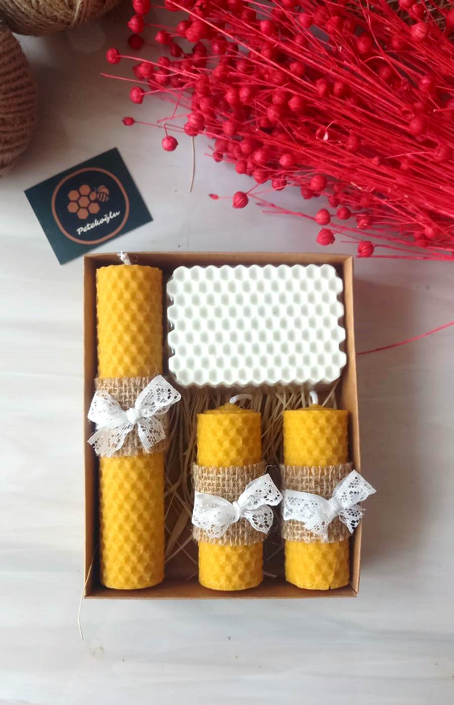 Bal Mumu Mum Doğal Petek  Ballı Sabun Hediye Seti Balmumu Mum Jüt Ve Kurdele