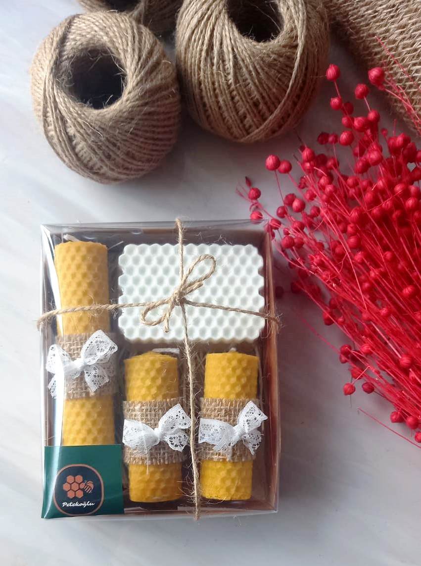 Bal Mumu Mum Doğal Petek  Ballı Sabun Hediye Seti Balmumu Mum Jüt Ve Kurdele