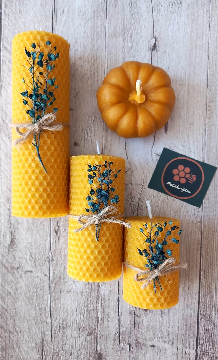 Dekoratif Doğal Petek Balmumu Mum Bal Kabağı Çiçekli Set Bal Mumu mum Hediyelik