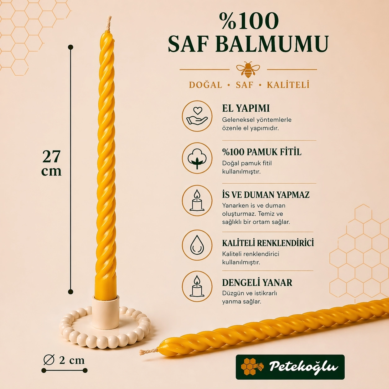 (2 Adet 27.5Cm) Konik Burgulu Balmumu Şamdan Mumu Doğal Petek Balmumu Mum Dekoratif Beeswax Candle