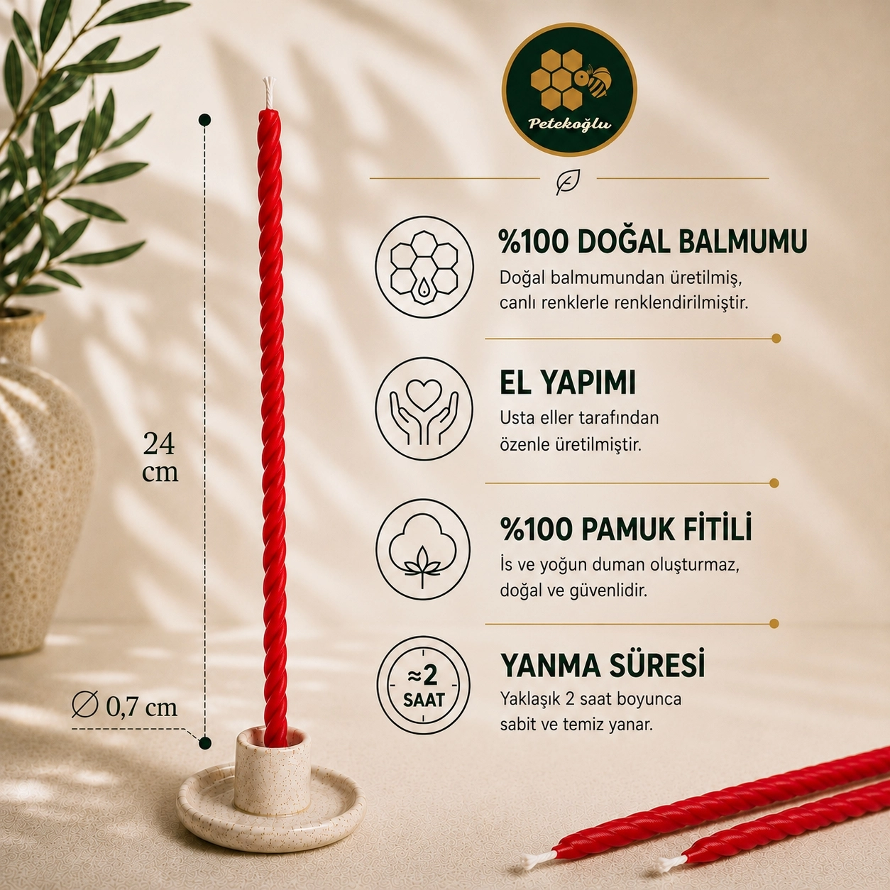 10 Adet Kırmızı Balmumu Mum Burgulu Dilek Mumu 24 cm Ritüel Şamdan Kutlama Nişan Düğün Doğum Günü Mumu