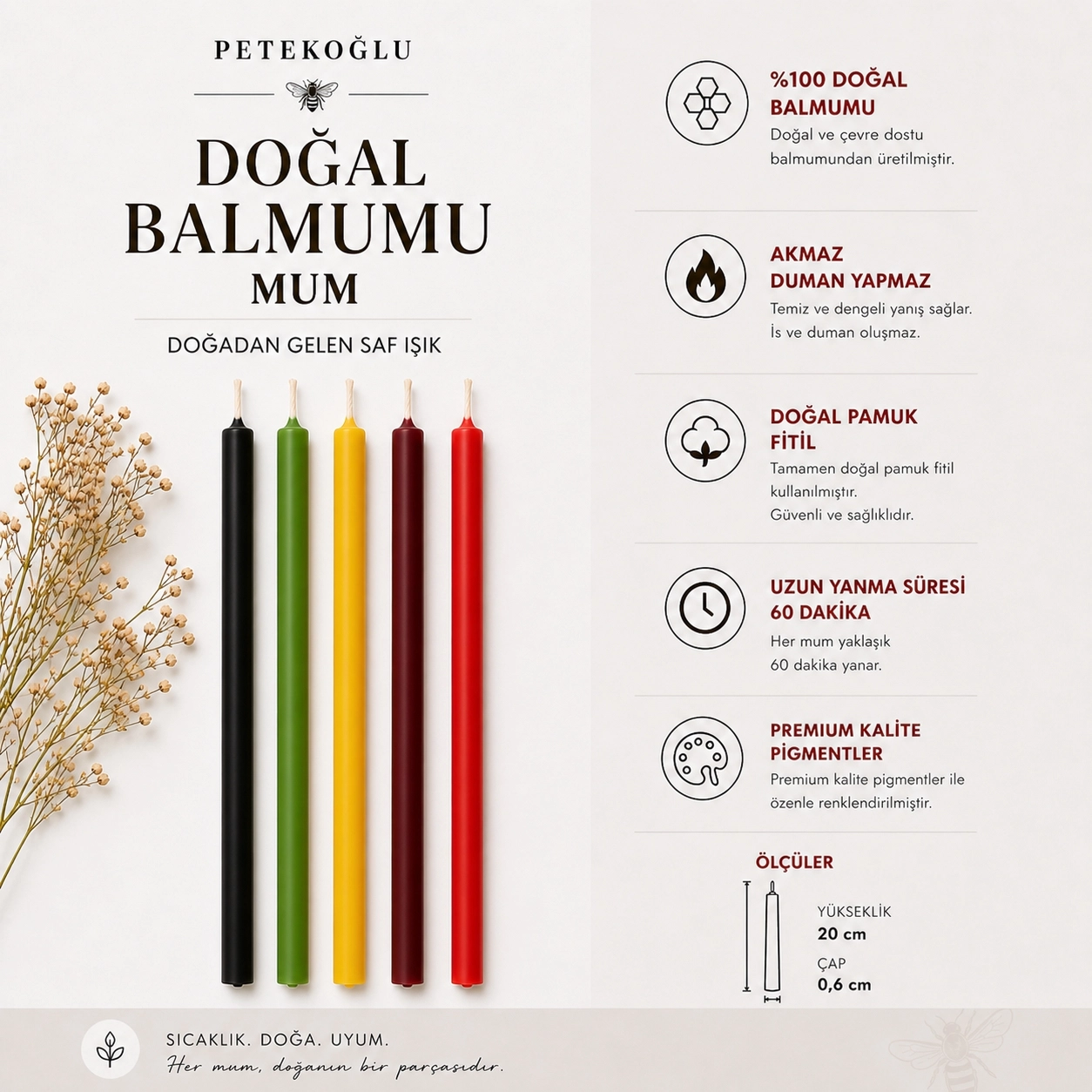 (40 Adet 5 Renk) Balmumu Mum (Beeswax Candle) Petekoğlu Dilek Mumu – 20 cm İnce Uzun Doğal Parti, Ritüel ve Doğum Günü Mumu