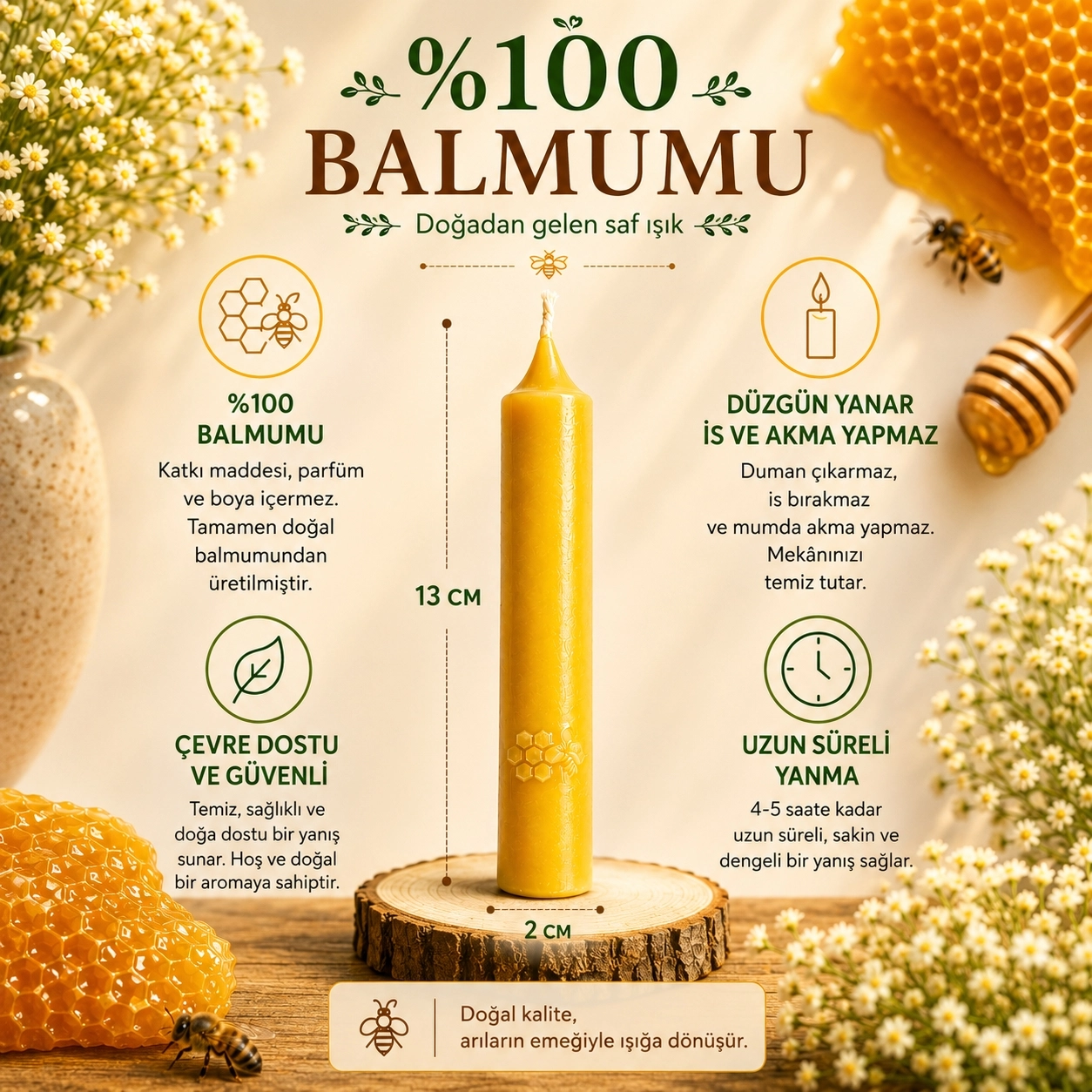 Doğal Sarı Balmumu Mum Bakkal Mumu (Fener Mumu) 3 Adet – 4 Saat Yanma, Yüksek ve Parlak Alev