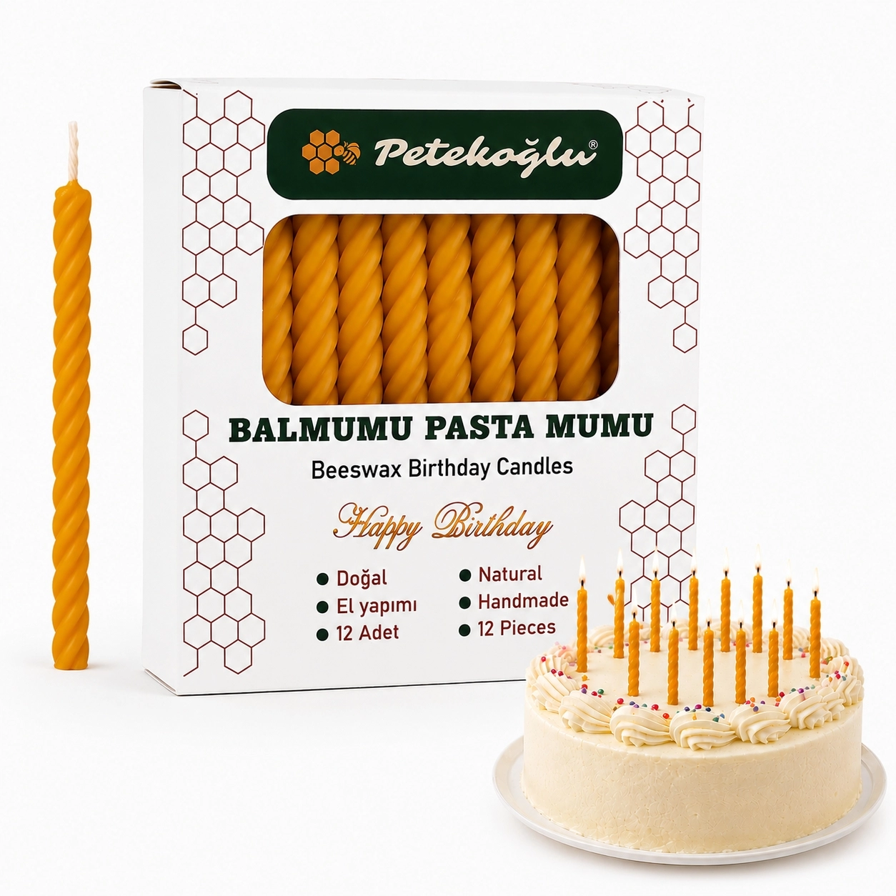 %100 Doğal Sarı Balmumu Küçük Boy Doğum Günü ve Pasta Mumu 12’li – 6,5 cm El Yapımı