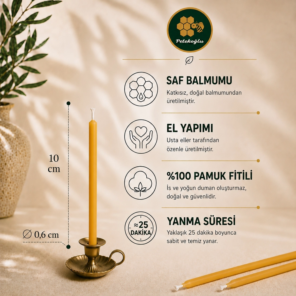 35’li Doğal Sarı Balmumu Mum – 25 Dakika Meditasyon ve Ritüel Mumu 10 cm – Pasta, Doğum Günü, Nişan ve Düğün