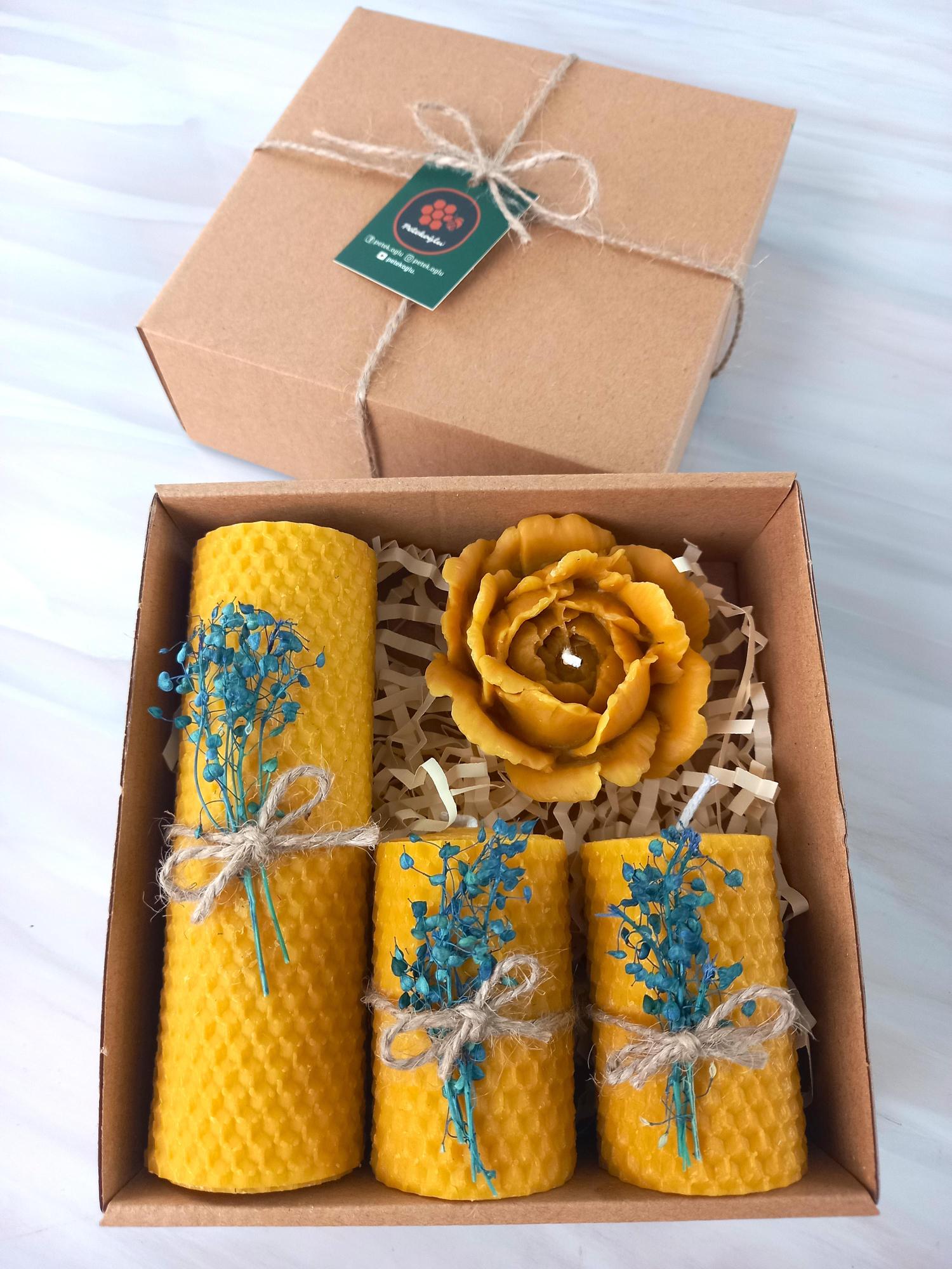 Balmumu Mum Dekoratif Hediye Kutusu 4 Lü Set Doğal Petek Beeswax Candle Açmış Gül