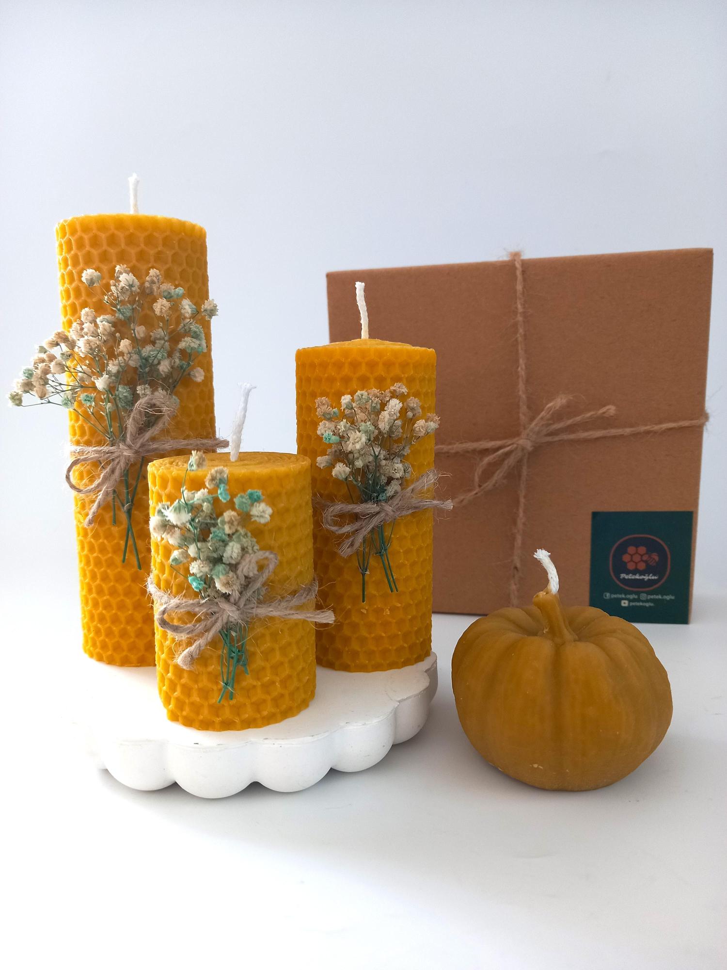 Balmumu Mum Dekoratif Hediye Kutusu 4 Lü Set Doğal Petek Beeswax Candle Bal Kabağı