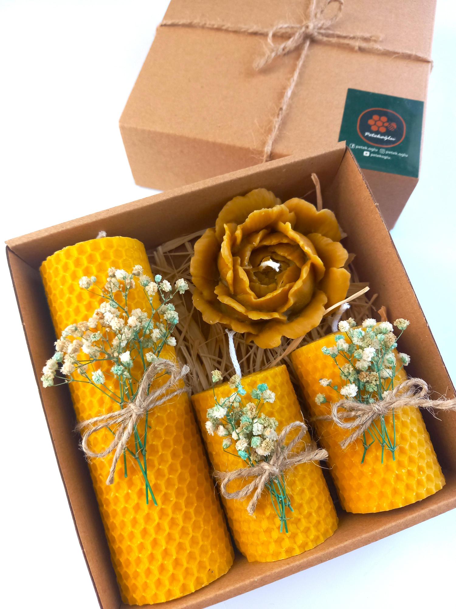 Balmumu Mum Dekoratif Hediye Kutusu 4 Lü Set Doğal Petek Beeswax Candle Açmış Gül 