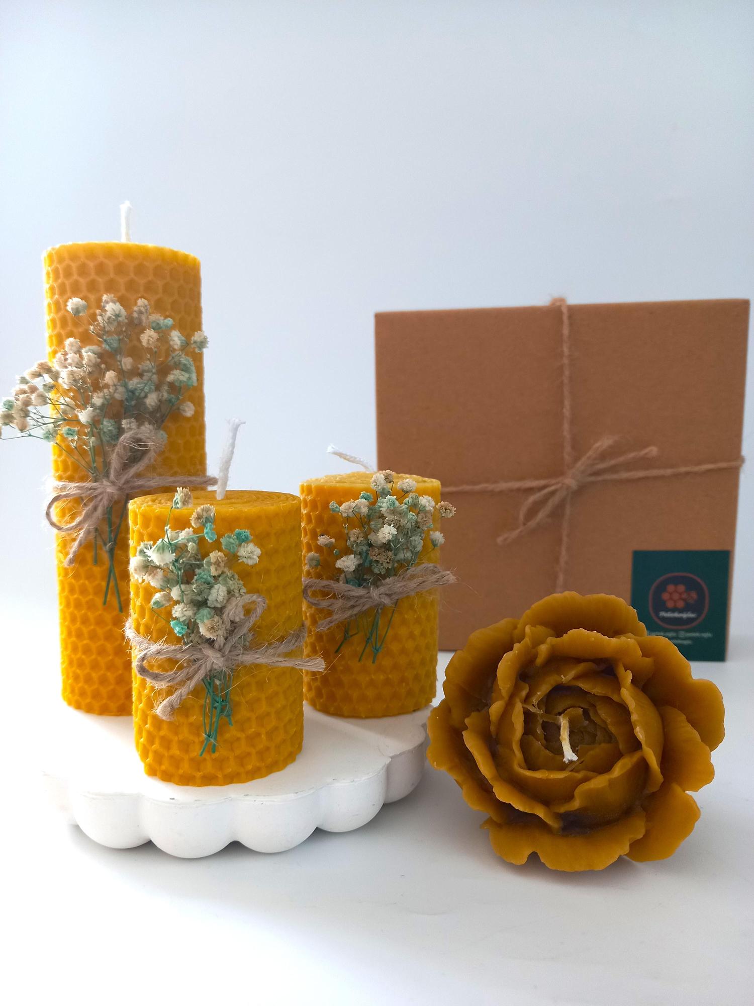 Balmumu Mum Dekoratif Hediye Kutusu 4 Lü Set Doğal Petek Beeswax Candle Açmış Gül 