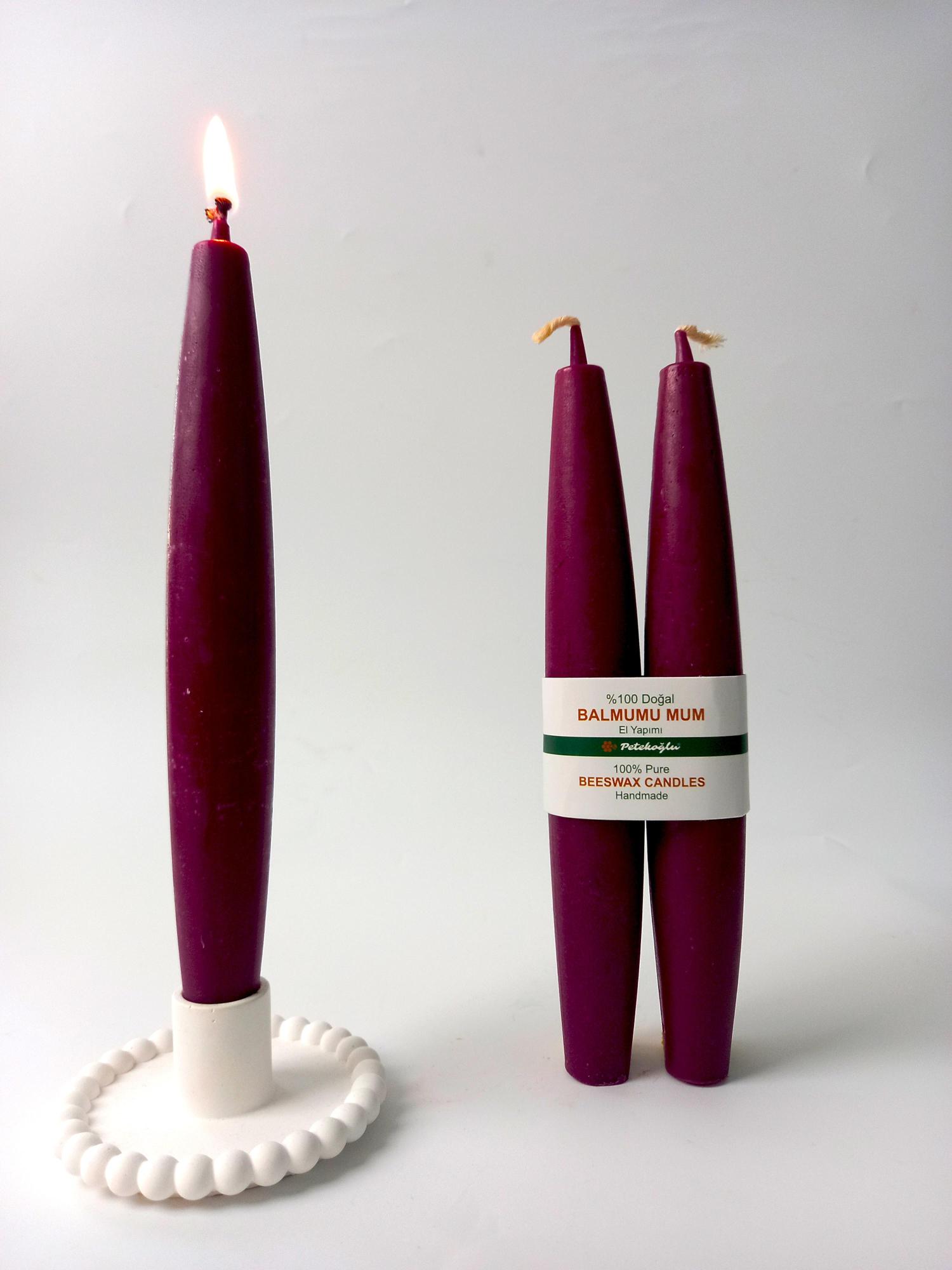 Balmumu Mum (2 Adet  Bordo)  Şamdan Mumu Mermi Formunda Masa Mumu 22 Cm Bees wax Mum Bal Mumu